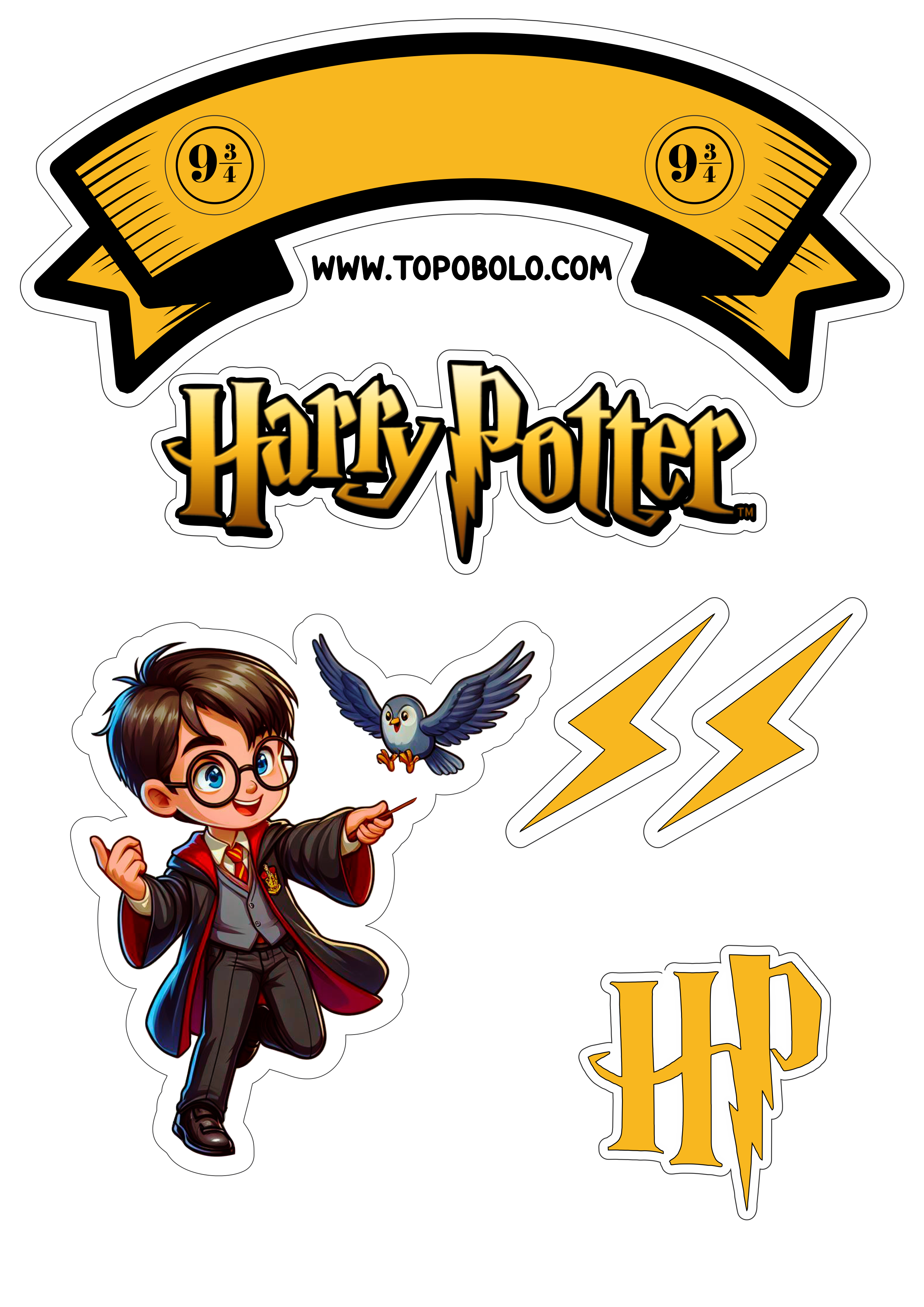 Harry Potter topo de bolo aniversário infantil papelaria criativa grátis para imprimir hora da festa png