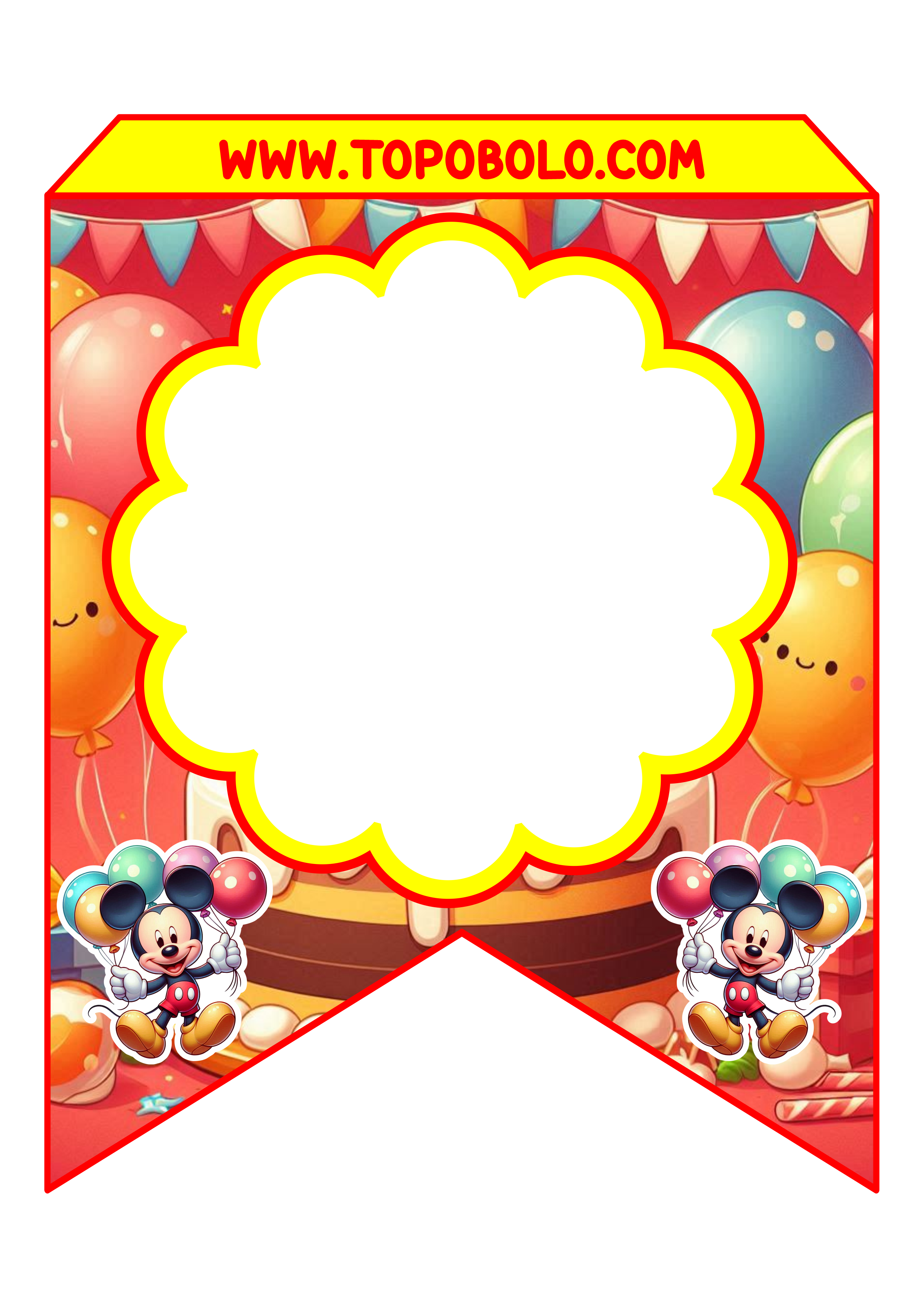 Mickey Mouse Bandeirinhas para decoração de festa infantil grátis para imprimir personagens Disney vermelho e amarelo png