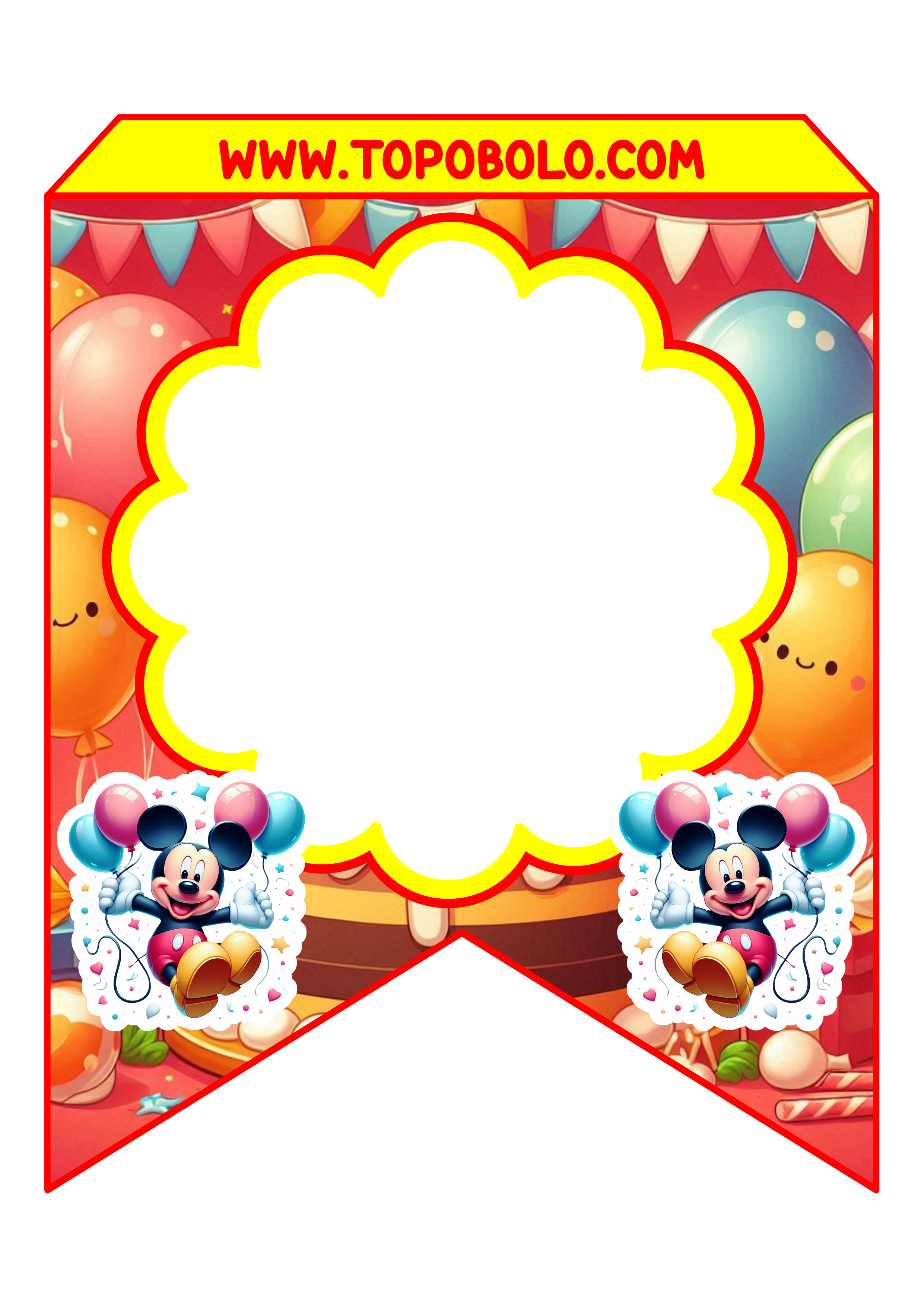 Mickey Mouse Bandeirinhas para decoração de festa infantil grátis para imprimir personagens Disney vermelho e amarelo balões png