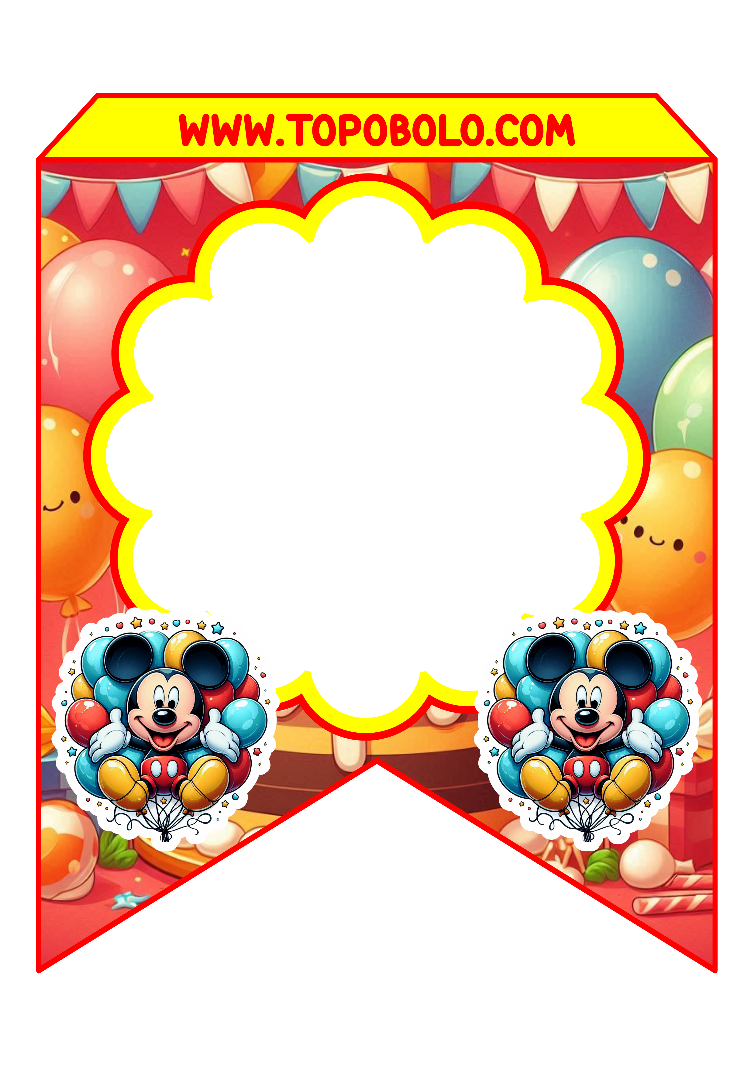 Mickey Mouse Bandeirinhas para decoração de festa infantil grátis para imprimir personagens Disney vermelho e amarelo balões hora da festa png