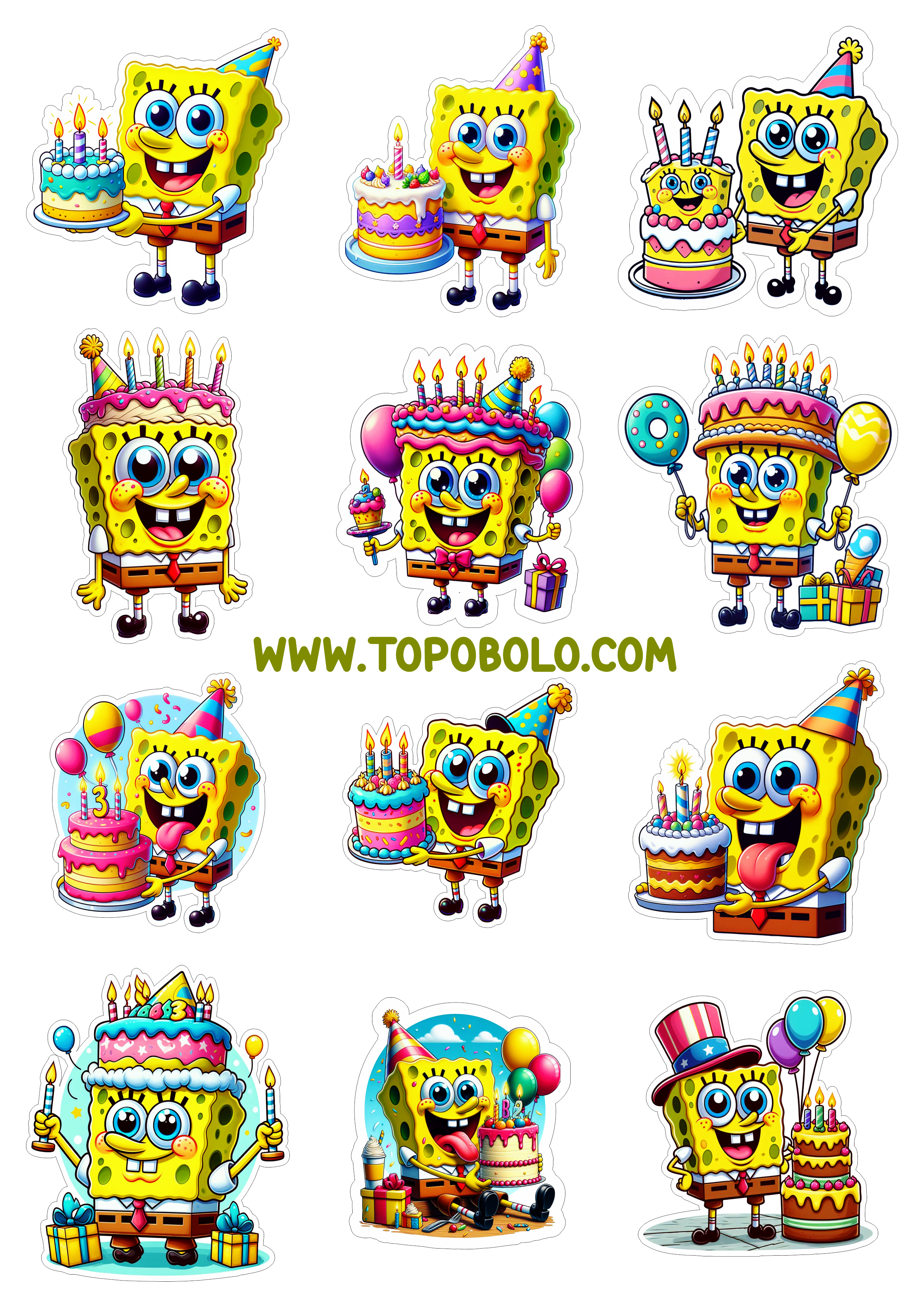 Adesivos para decoração Bob esponja com bolo de aniversário com contorno pronto para imprimir e recortar png