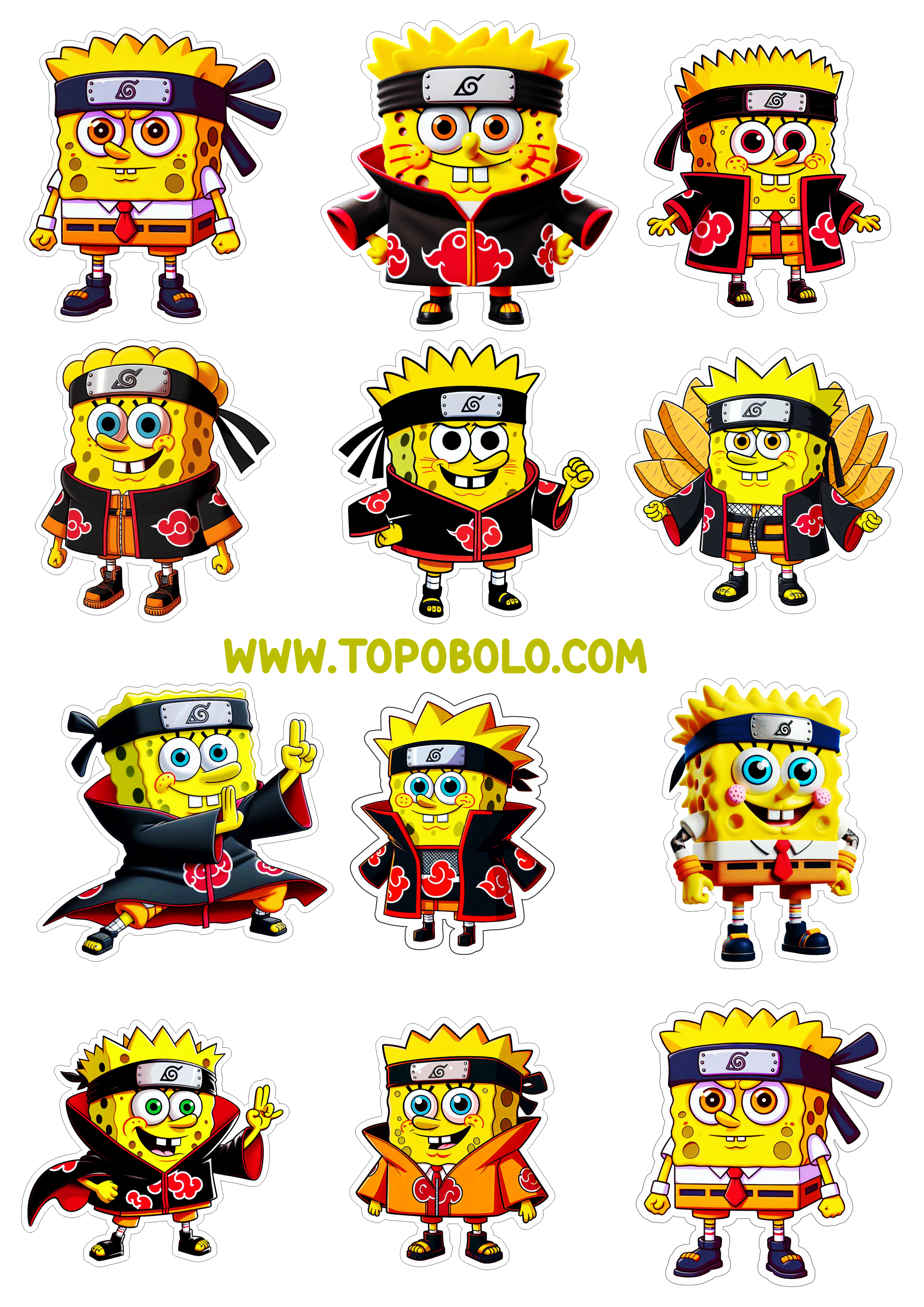 Adesivos para decoração Bob esponja otaku com fantasia do anime Naruto com contorno pronto para imprimir e recortar png