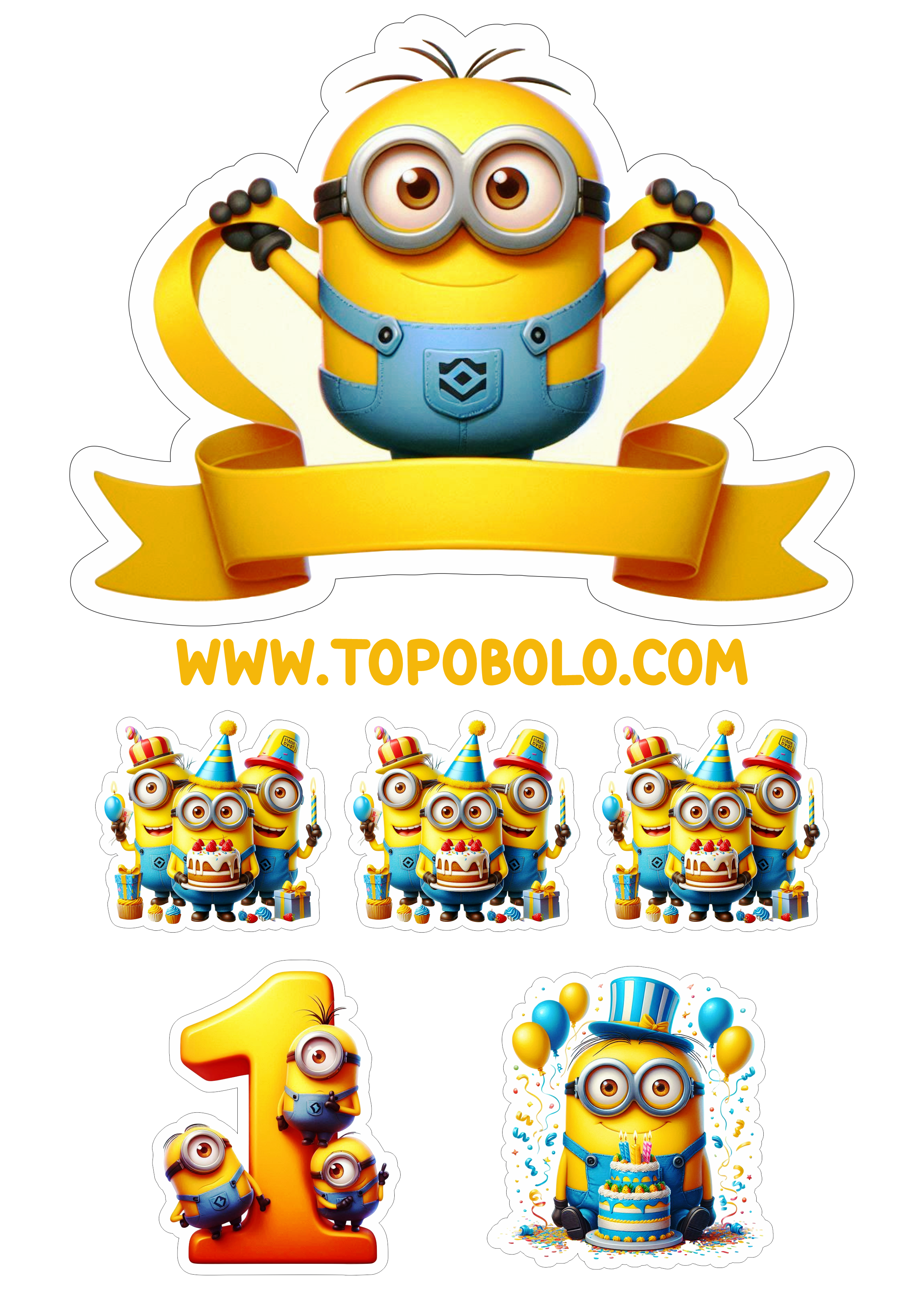 Topo de bolo para festa de aniversário infantil Minions 1 aninho hora da festa personalizada png