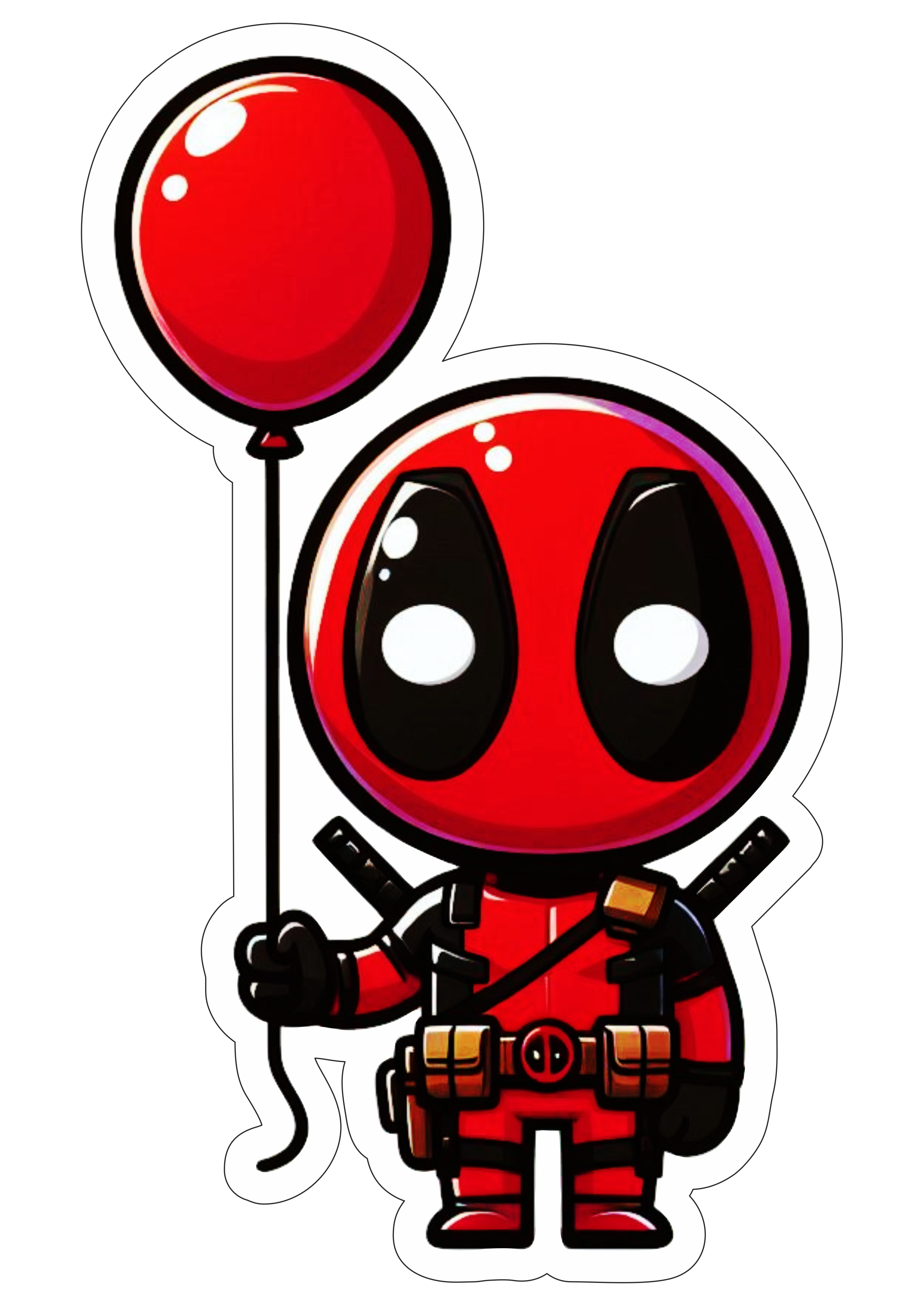 Deadpool decoração de aniversário desenho fofinho com contorno png segurando um balão