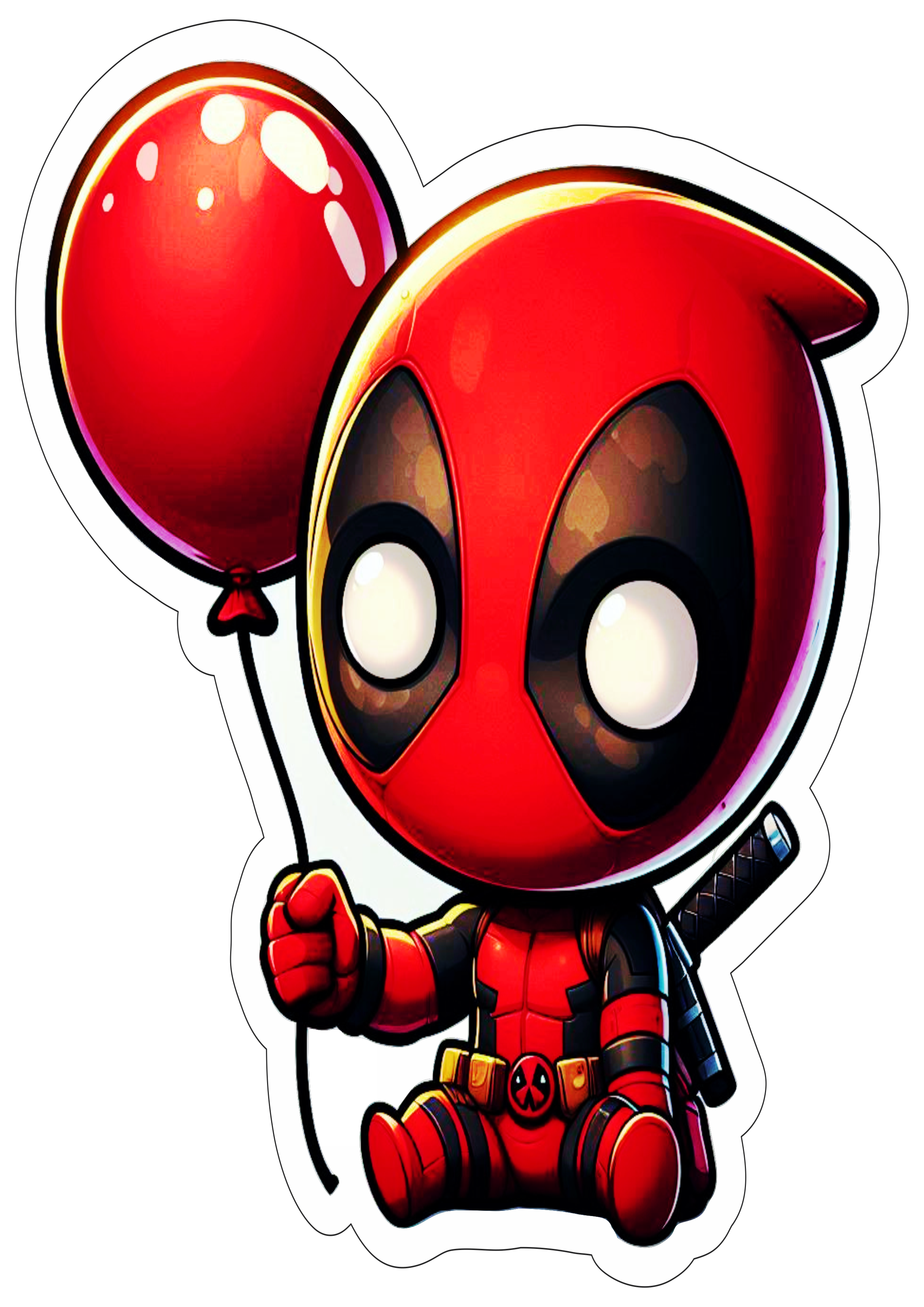 Deadpool decoração de aniversário desenho fofinho com contorno png segurando um balão Marvel super heróis