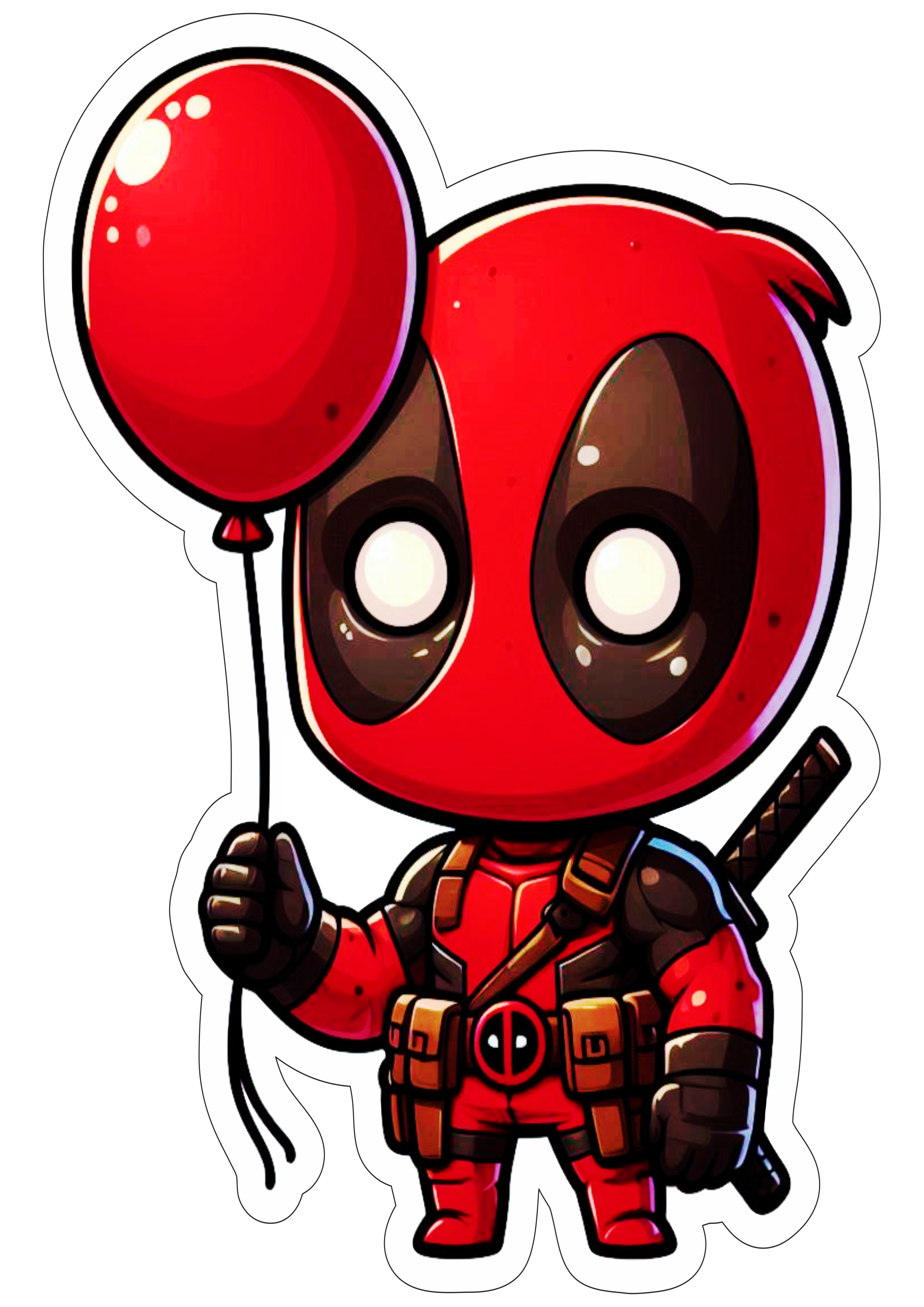 Deadpool decoração de aniversário desenho fofinho com contorno png segurando um balão Marvel super heróis hq