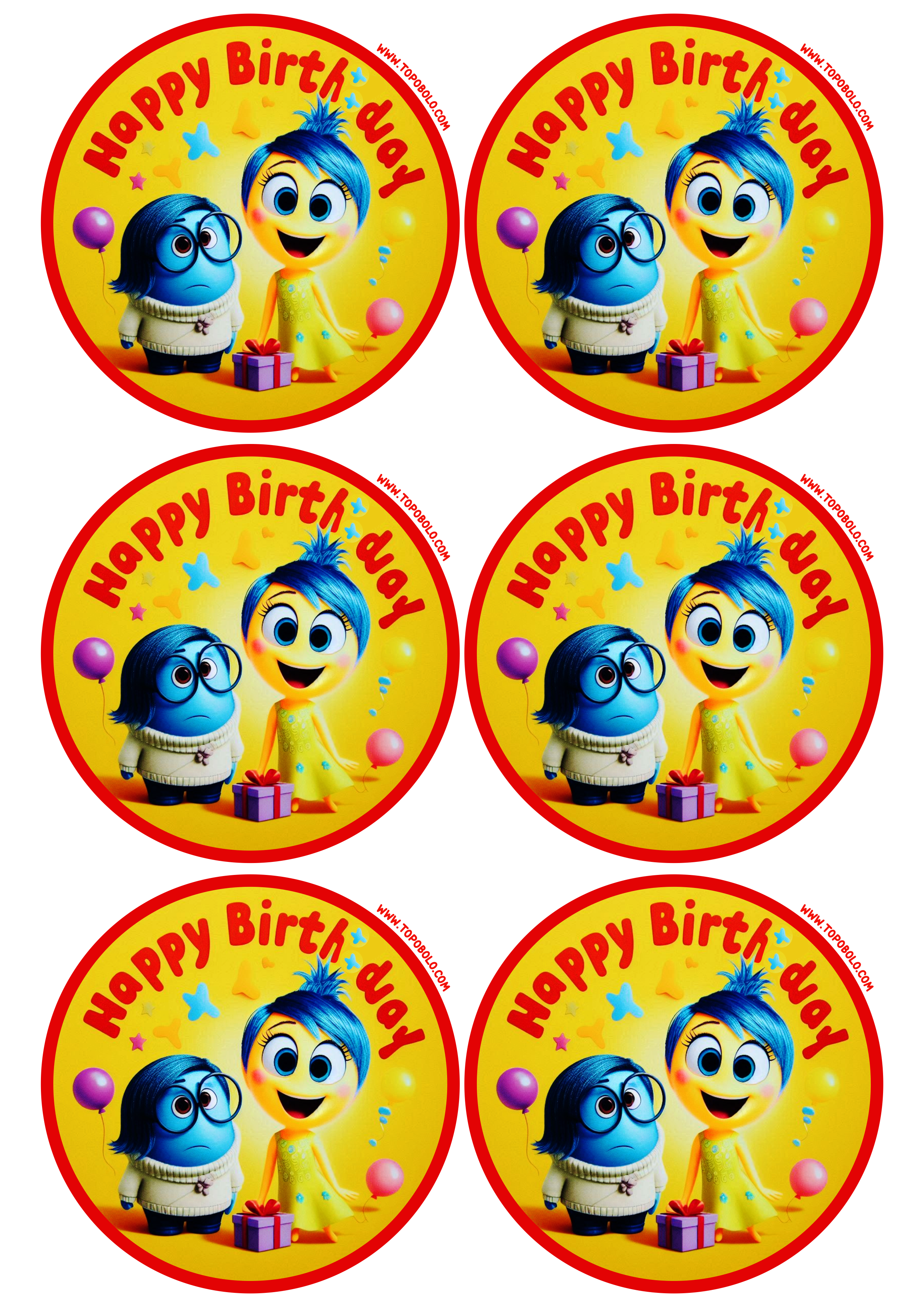 Adesivos redondos para decoração de aniversário Divertida Mente hora da festa infantil happy Birthday 6 imagens png