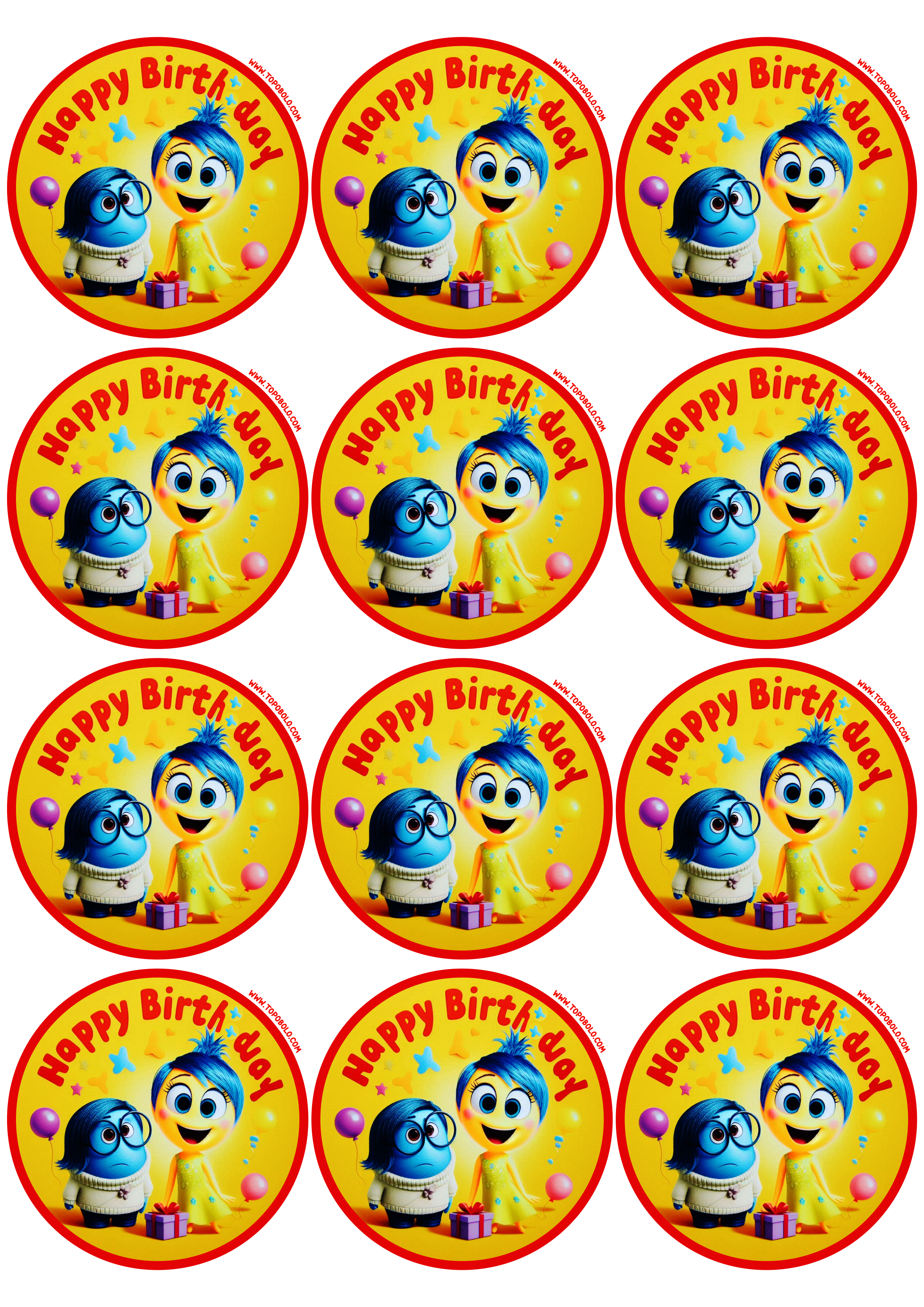 Adesivos redondos para decoração de aniversário Divertida Mente hora da festa infantil happy Birthday 12 imagens png