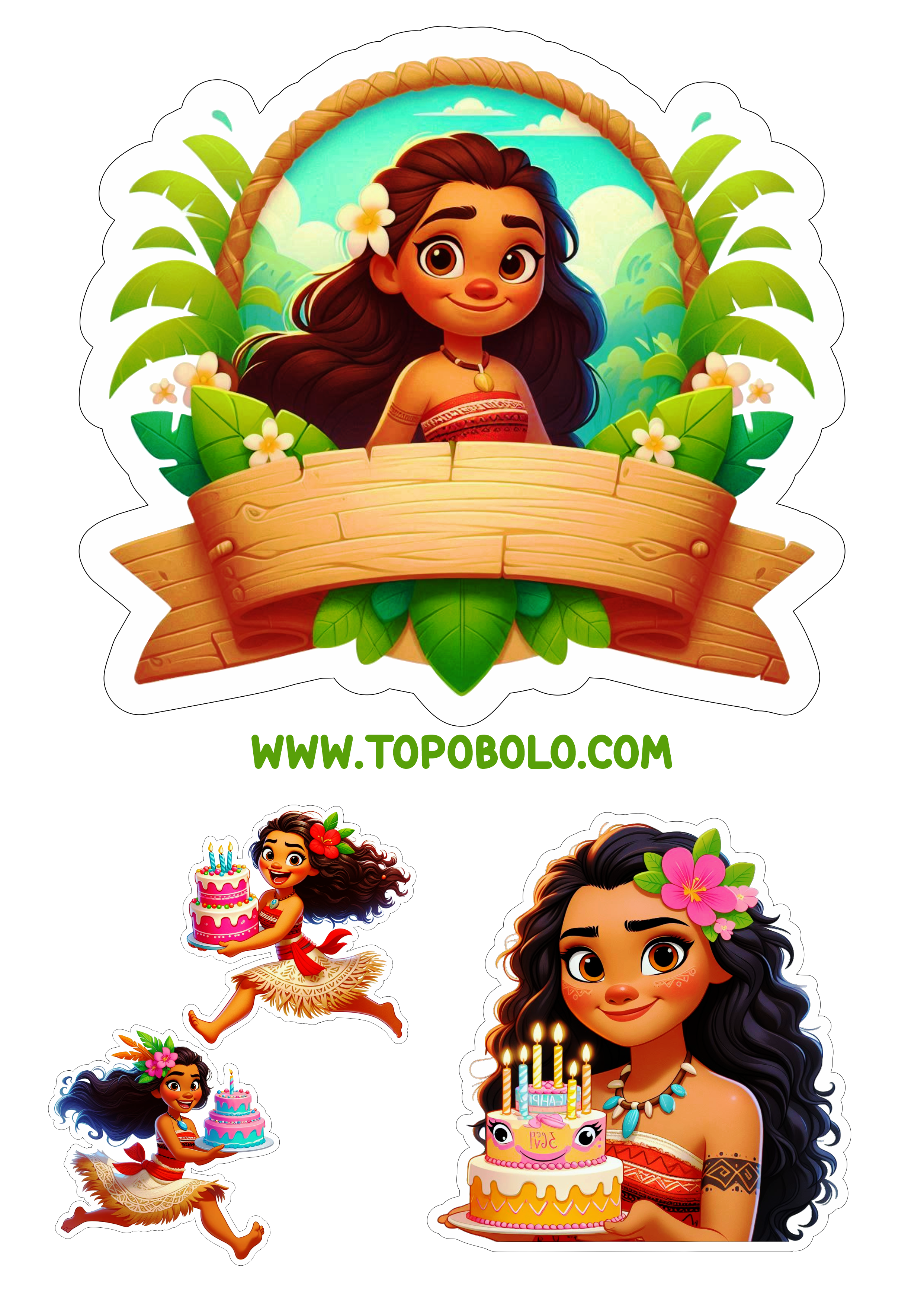 Topo de bolo Moana png aniversário infantil papelaria criativa pronta para imprimir hora da festa personalizada topper cake