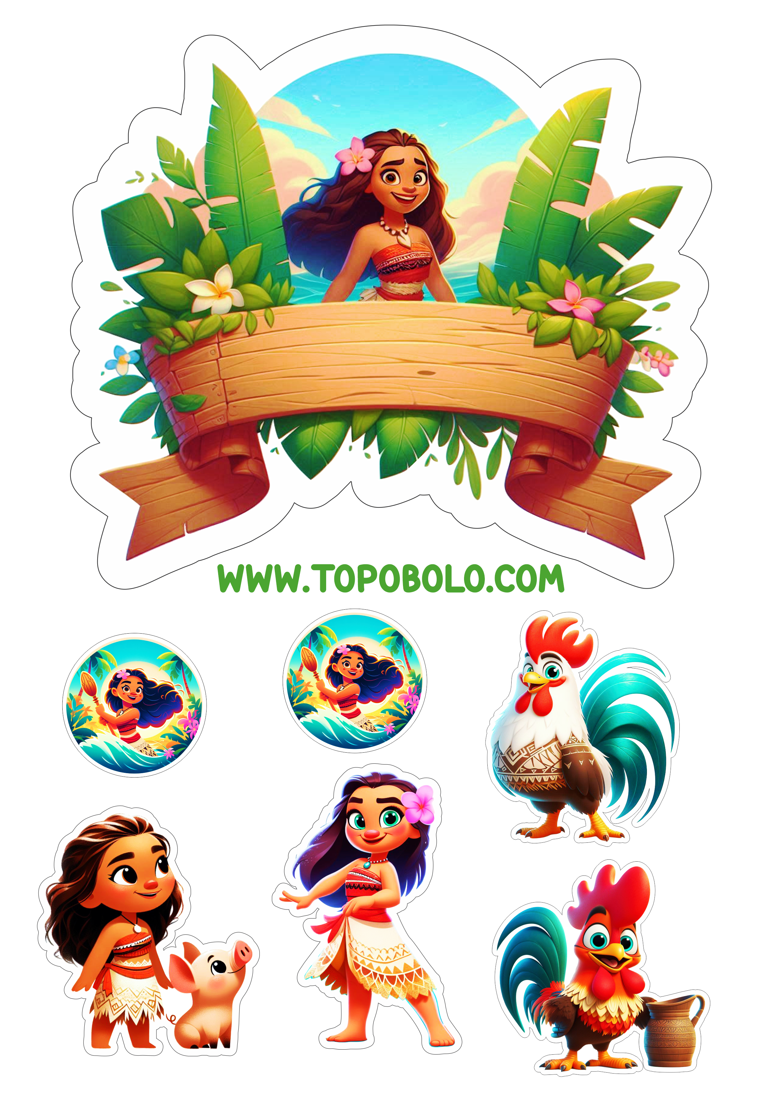 Topo de bolo para baixar Moana hora da festa de aniversário infantil png topper cake animação disney galo maluco porquinho