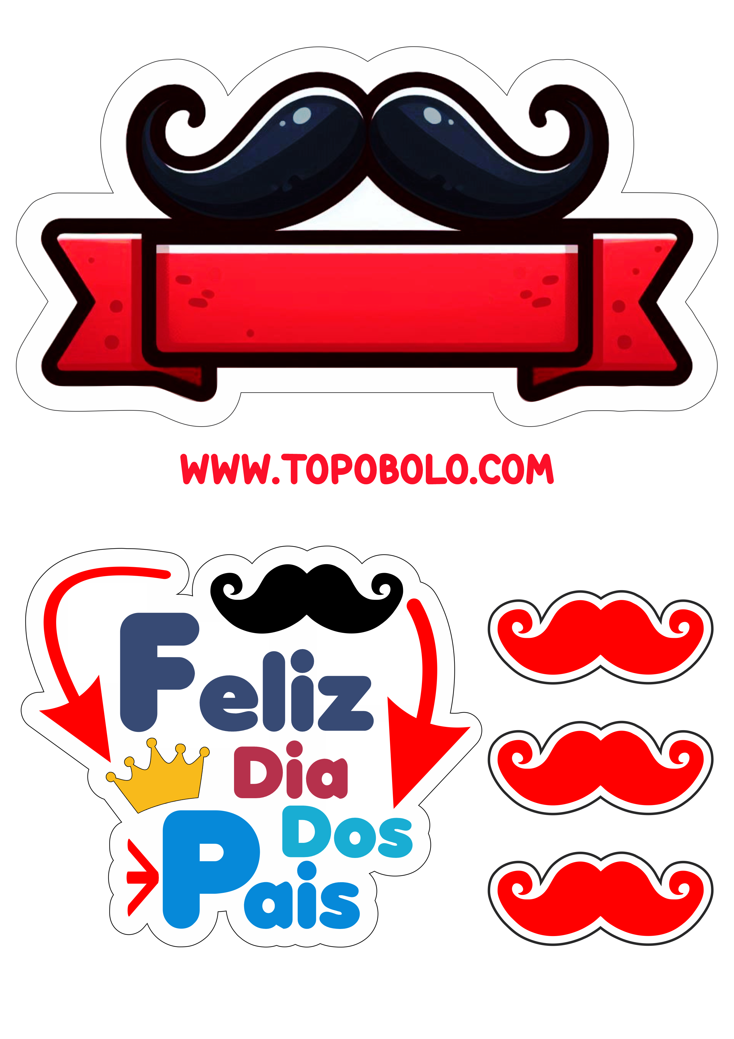 Topo de bolo dia dos pais vermelho com bigode imagem com contorno para recorte pronto para imprimir png