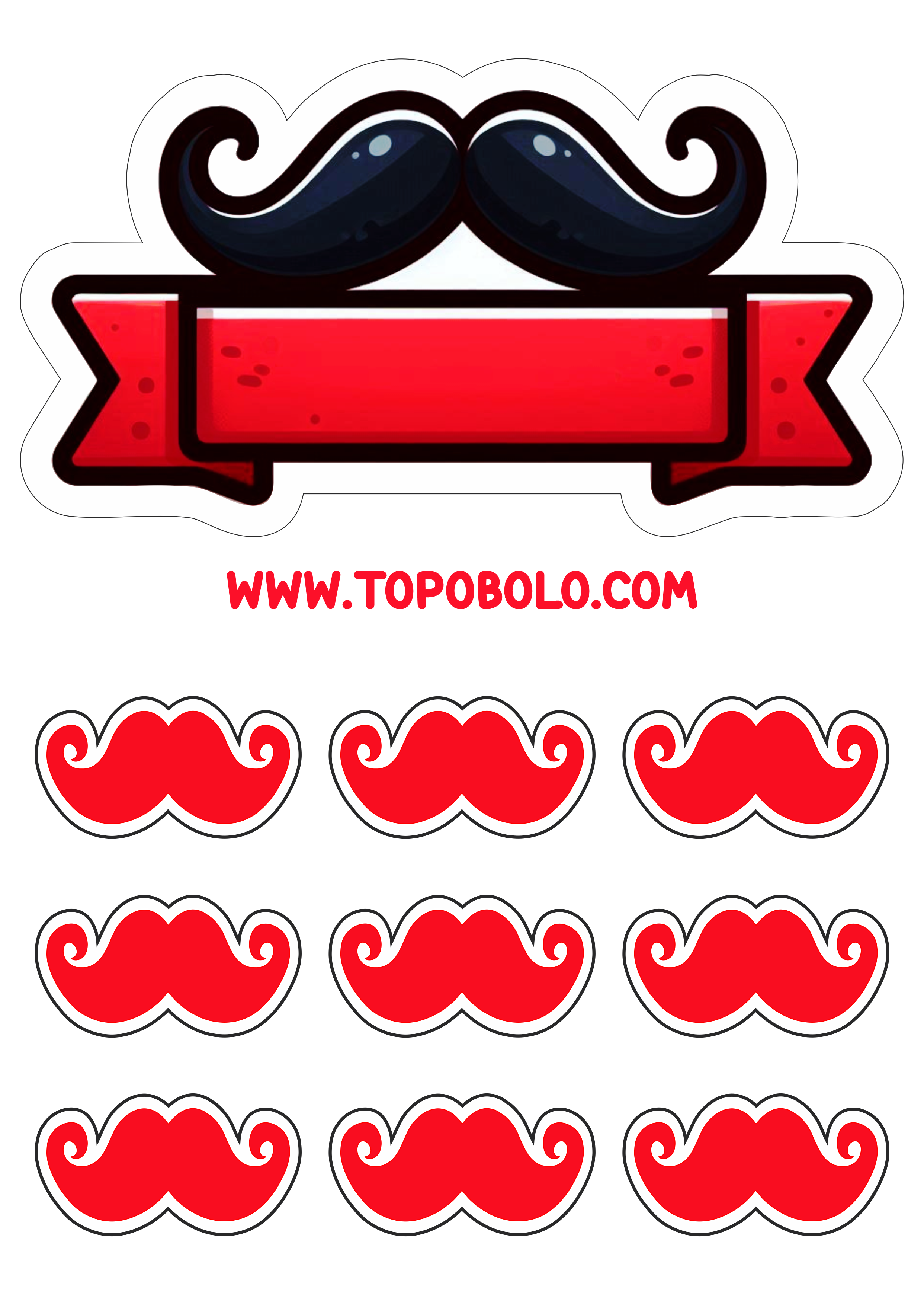 Topo de bolo dia dos pais vermelho com bigode imagem com contorno para recorte pronto para imprimir e decorar png