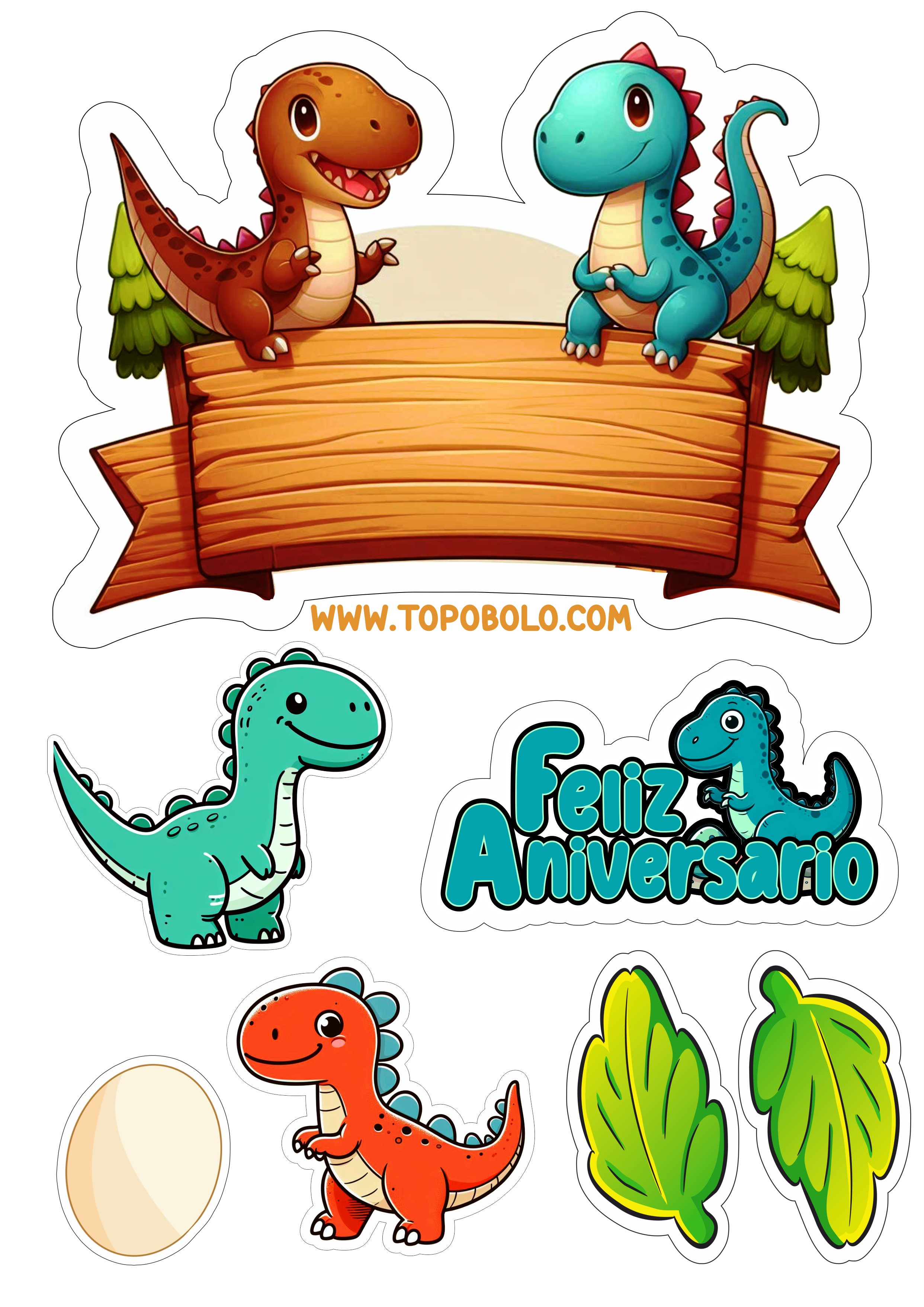 Topo de bolo para imprimir png Dinossauros feliz aniversário festa infantil papelaria criativa com contorno free download folhas