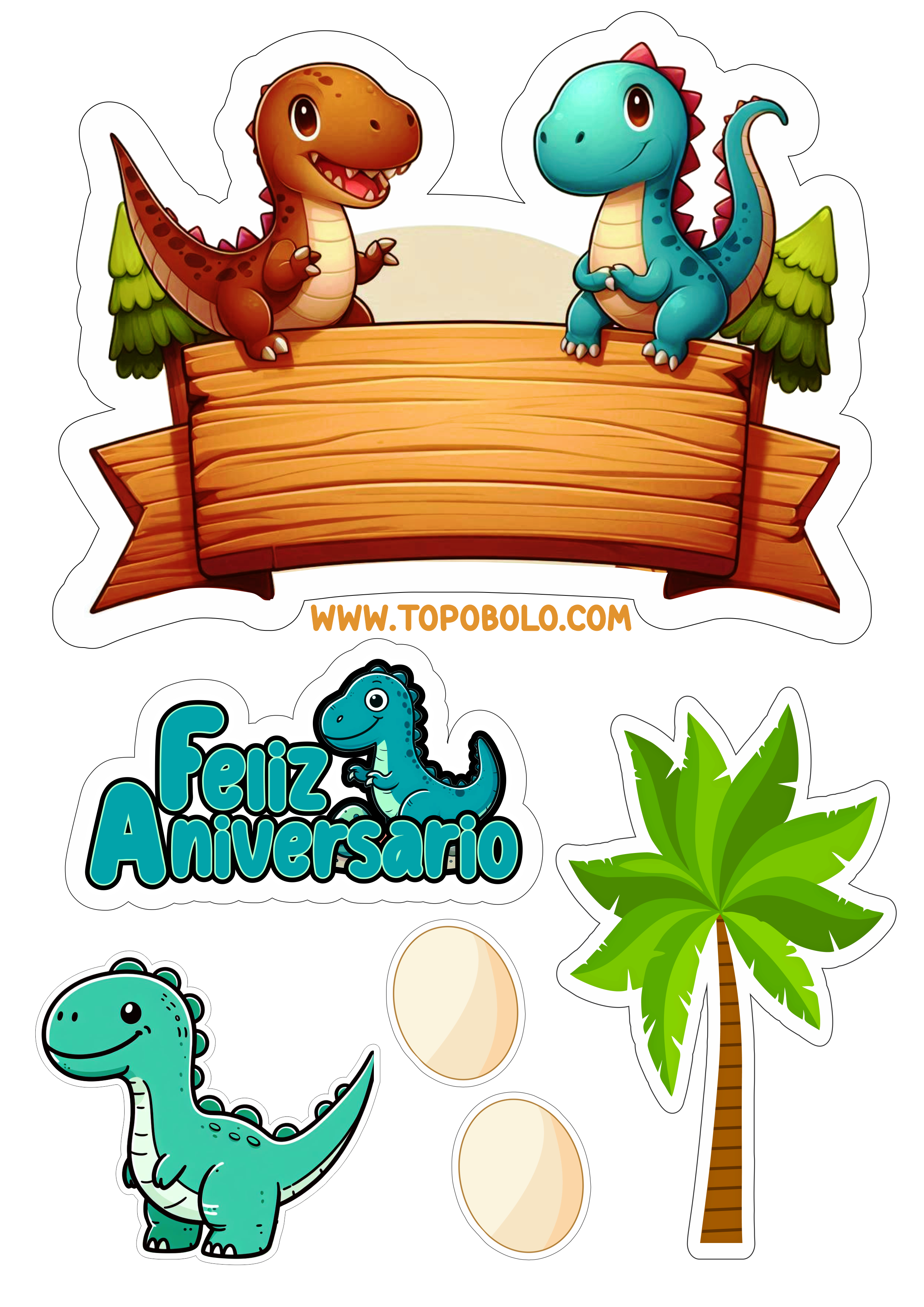 Topo de bolo para imprimir png Dinossauros feliz aniversário festa infantil papelaria criativa com contorno free download árvore