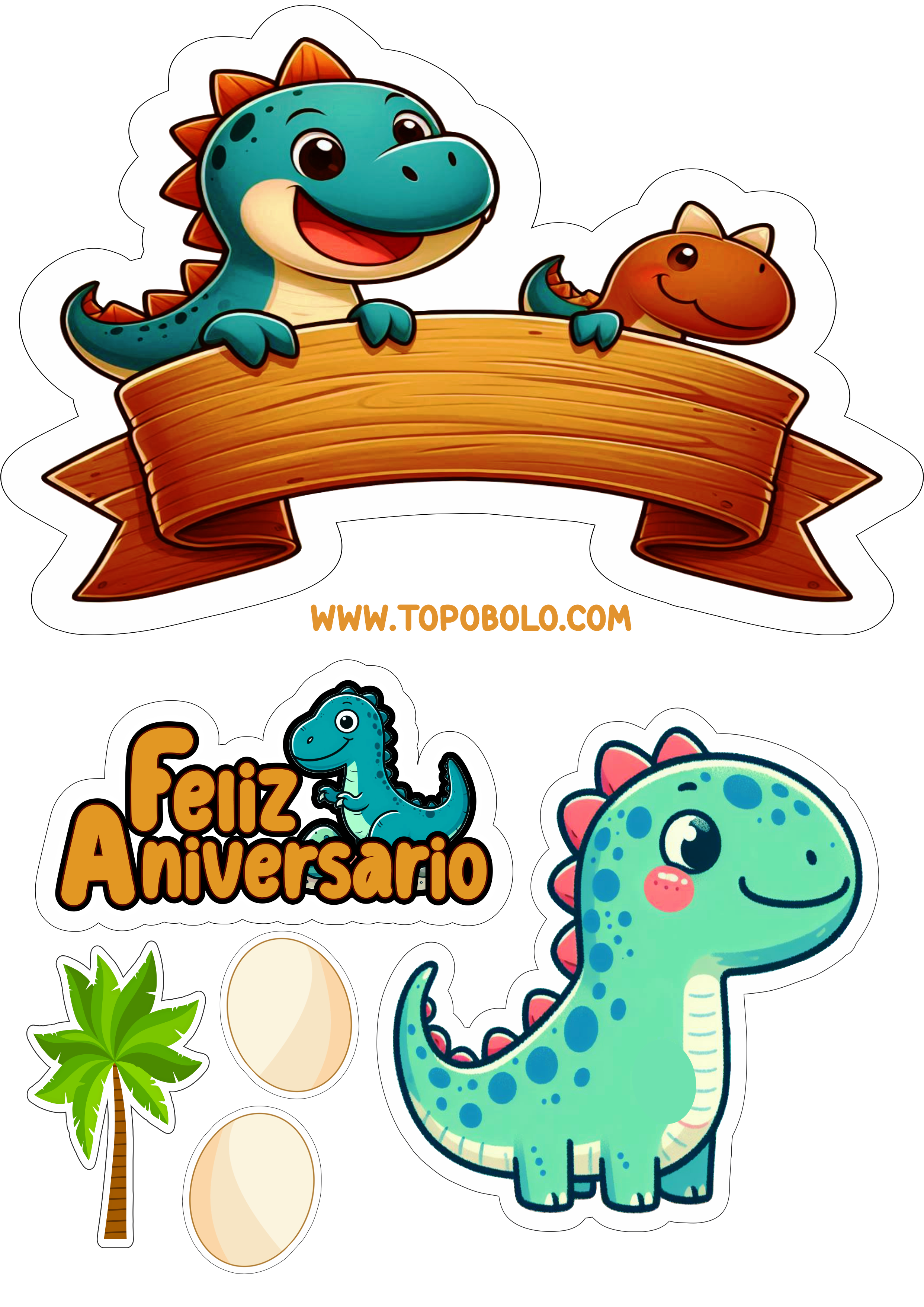 Topo de bolo png aniversário com tema Dinossauros imagem com contorno para recorte