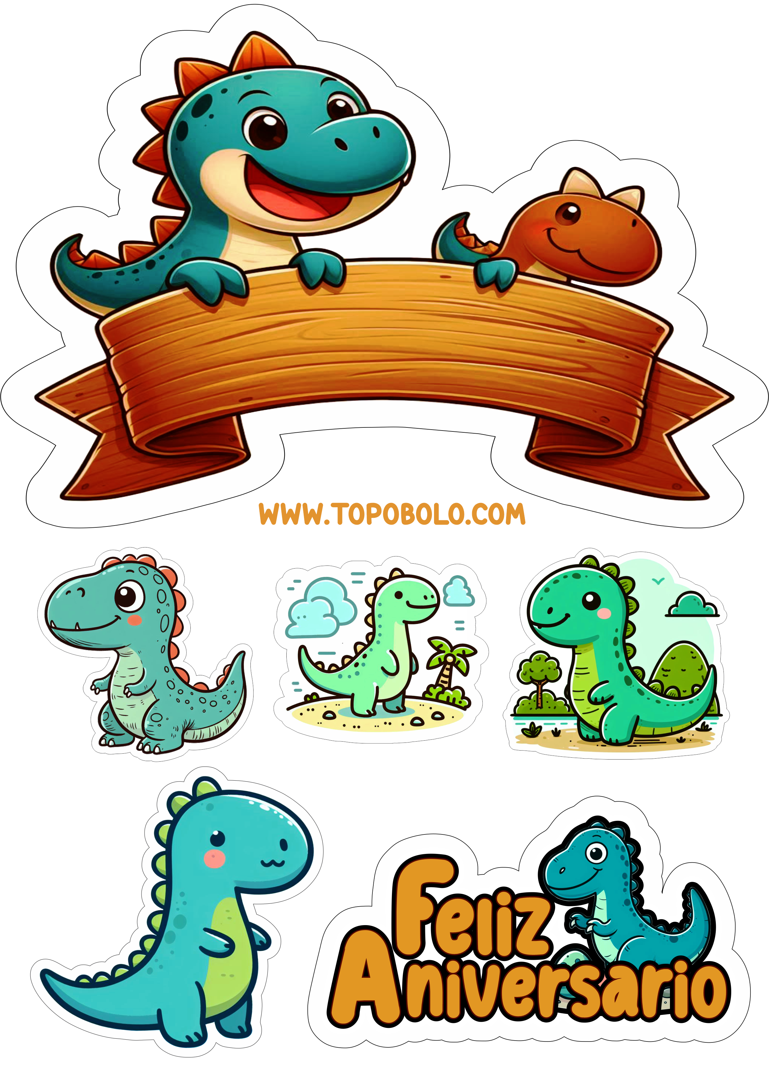 Topo de bolo png aniversário com tema Dinossauros imagem com contorno para recorte papelaria criativa artigos personalizados