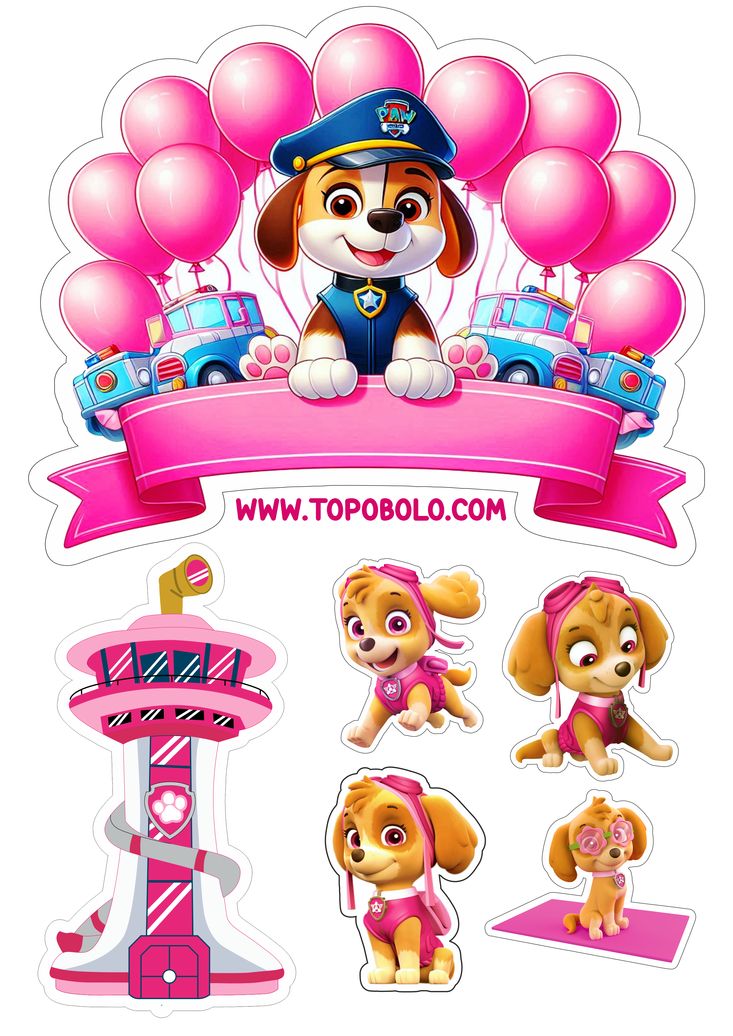 Topo de bolo patrulha canina rosa png hora da festa personalizada aniversário infantil topper cake artigos personalizados