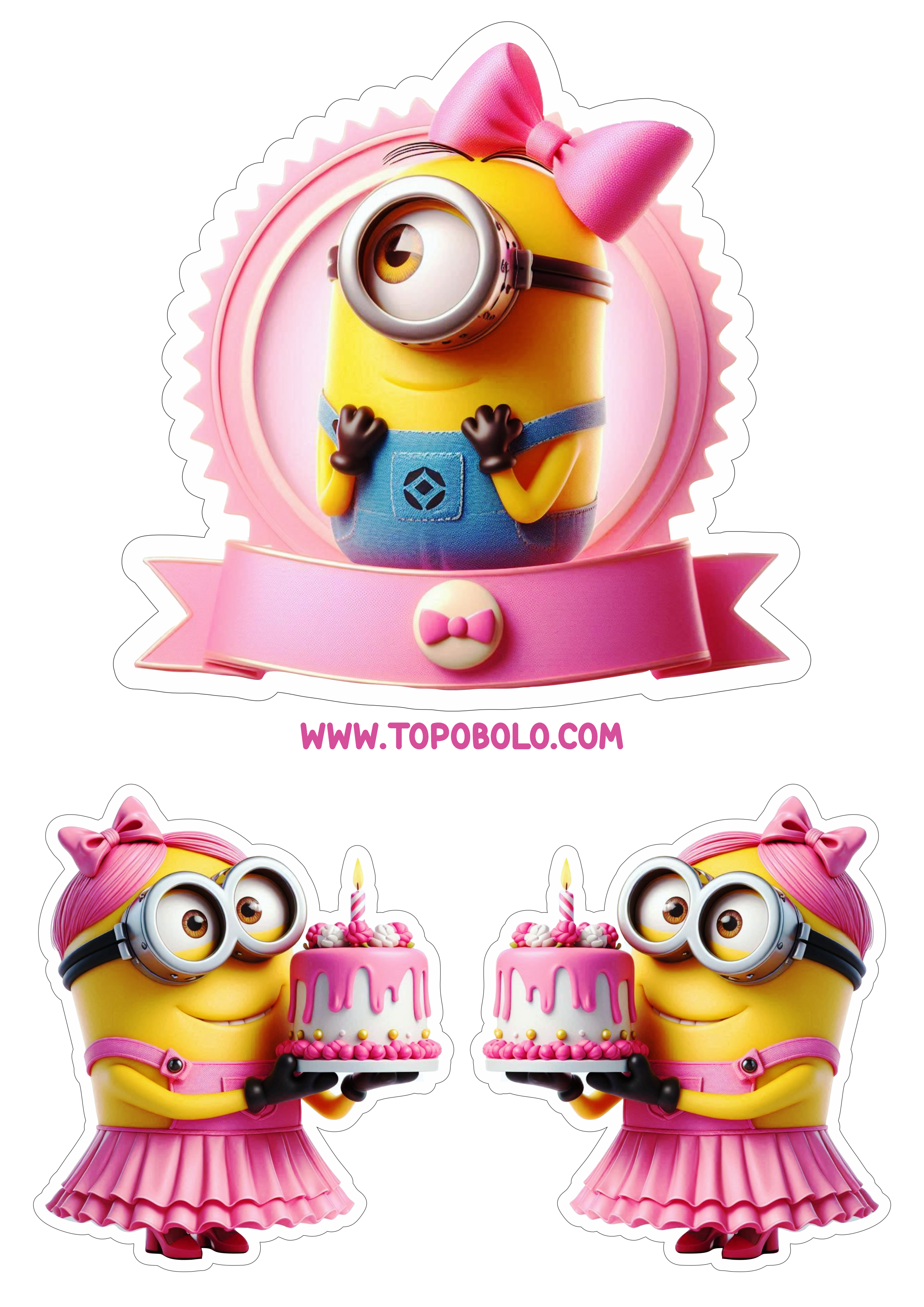 Topo de bolo png Minions Rosa pronto para imprimir e decorar sua festa de aniversário infantil