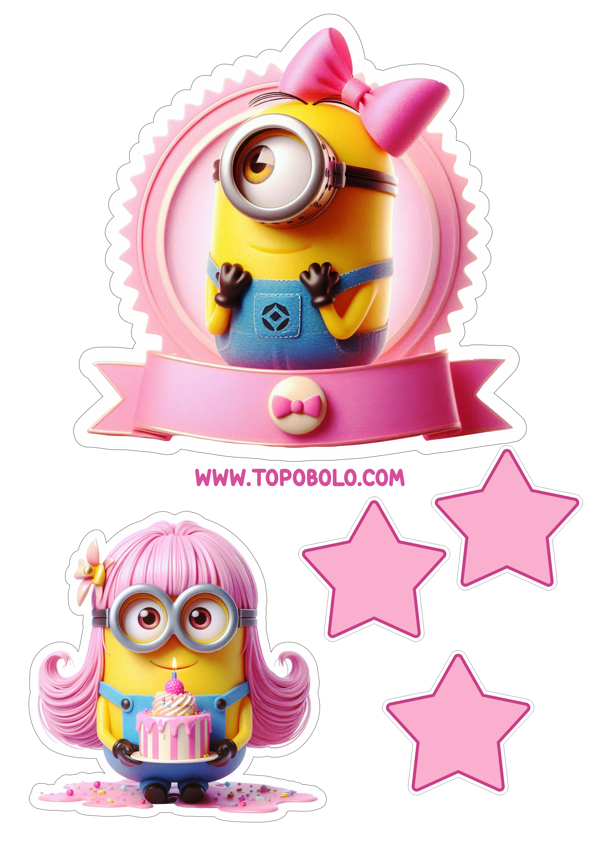 Topo de bolo png Minions Rosa pronto para imprimir e decorar sua festa de aniversário infantil topper cake