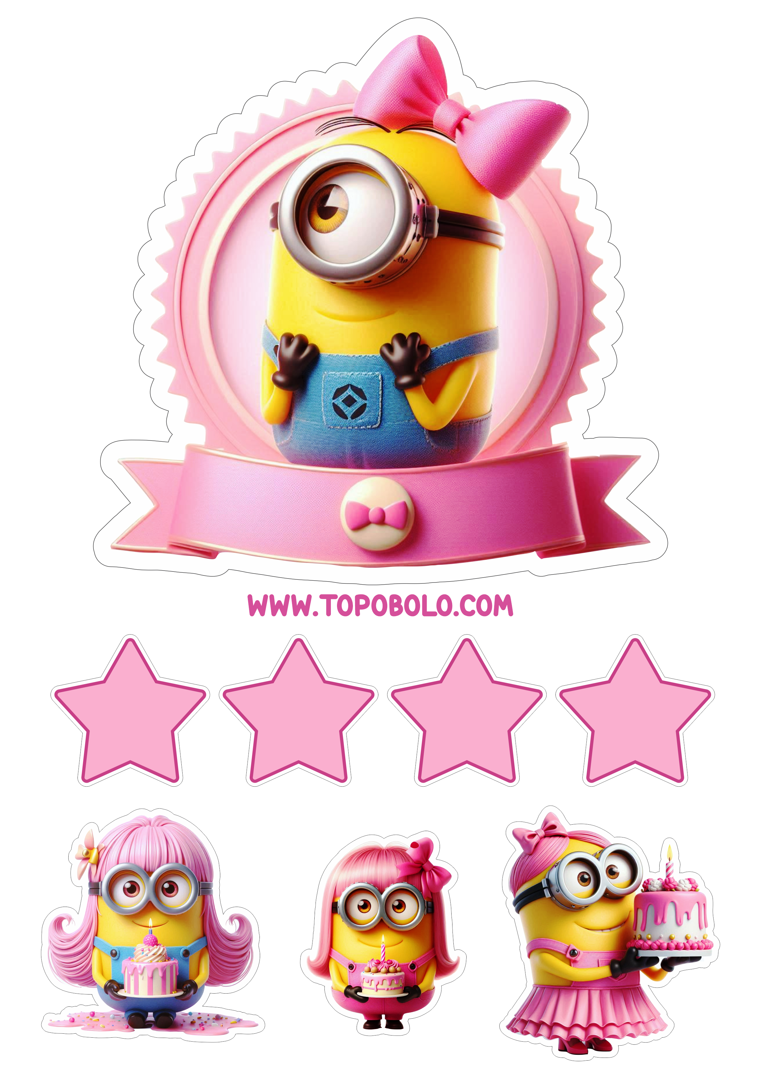 Topo de bolo png Minions Rosa pronto para imprimir e decorar sua festa de aniversário infantil topper cake estrelinhas