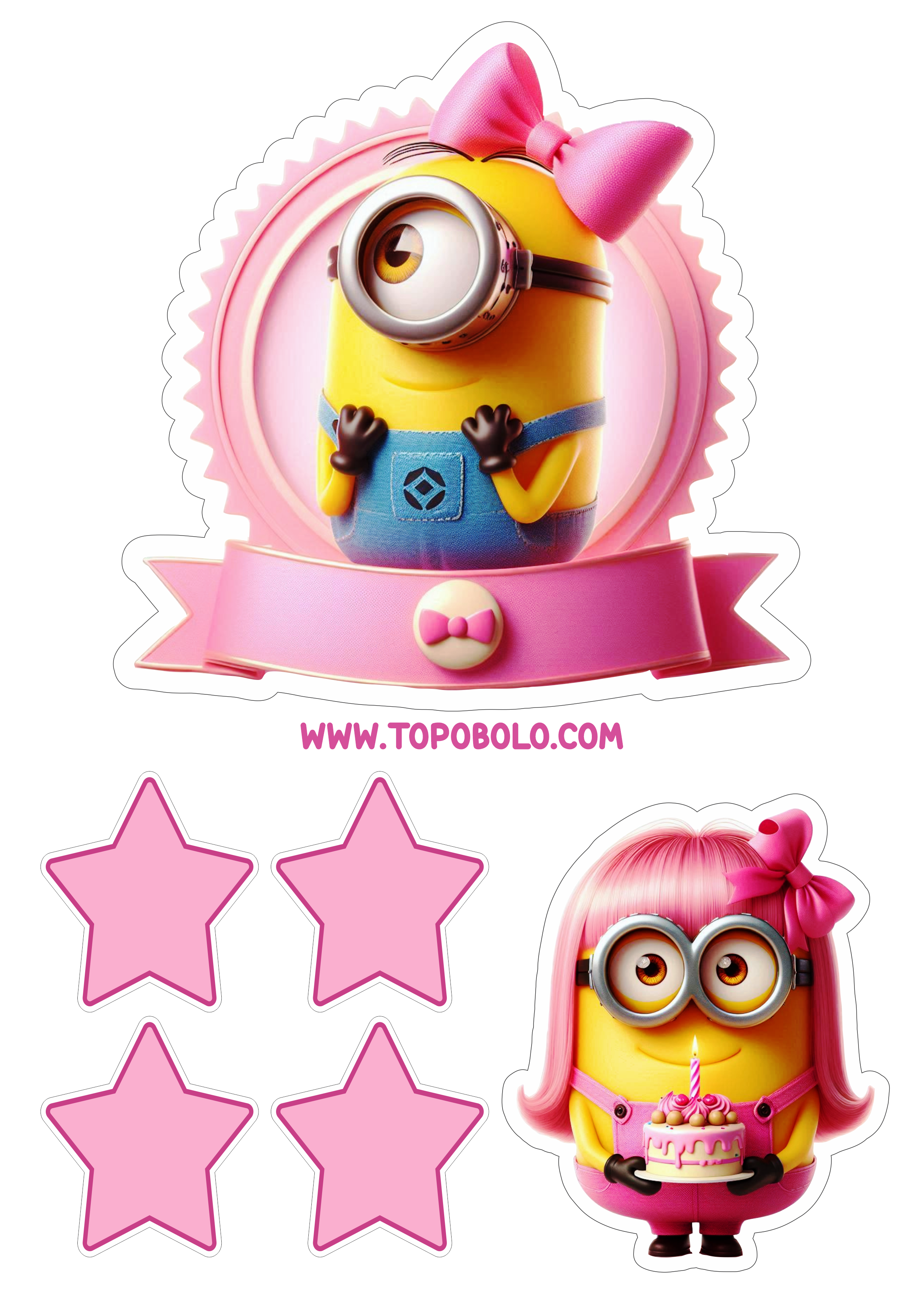 Topo de bolo png Minions Rosa pronto para imprimir e decorar sua festa de aniversário infantil topper cake estrelinhas free download