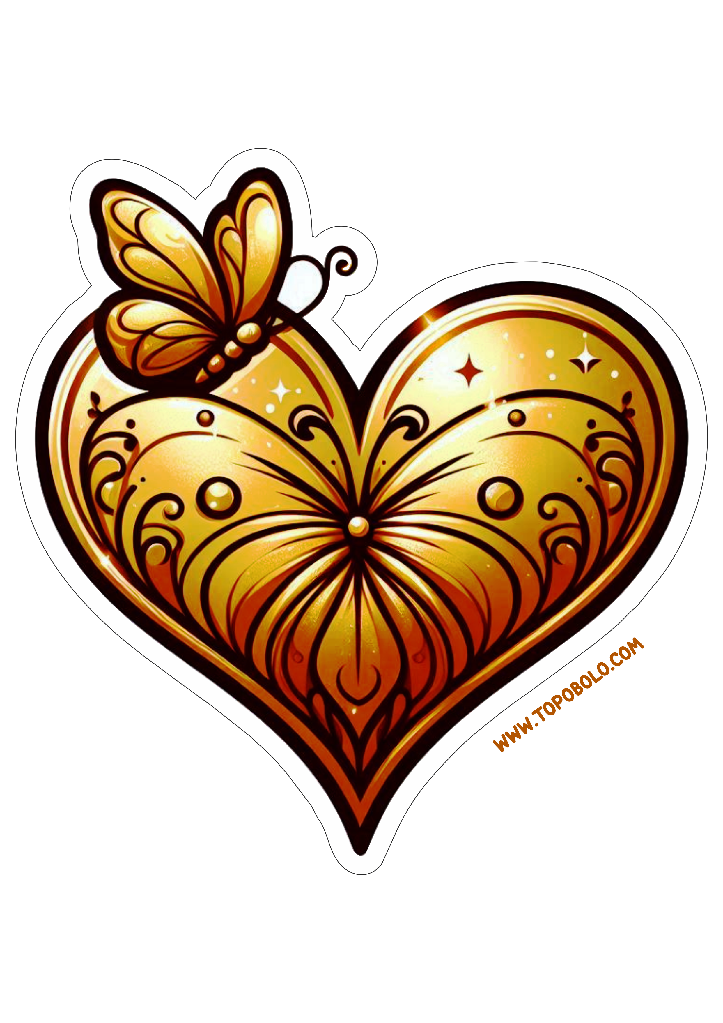 Coração dourado png decoração com borboleta adesivos para imprimir e decorar sua festa de aniversário dourado free download