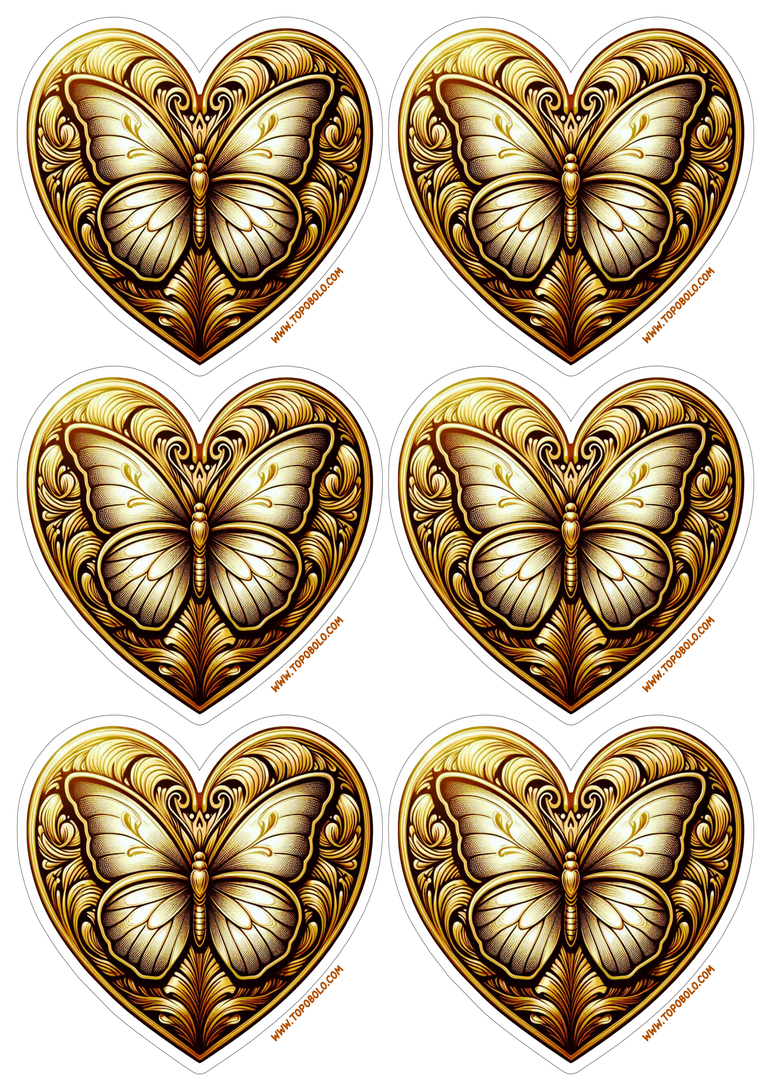 Coração dourado png decoração com borboleta adesivos para imprimir e decorar sua festa de aniversário dourado artigos de papelaria 6 imagens