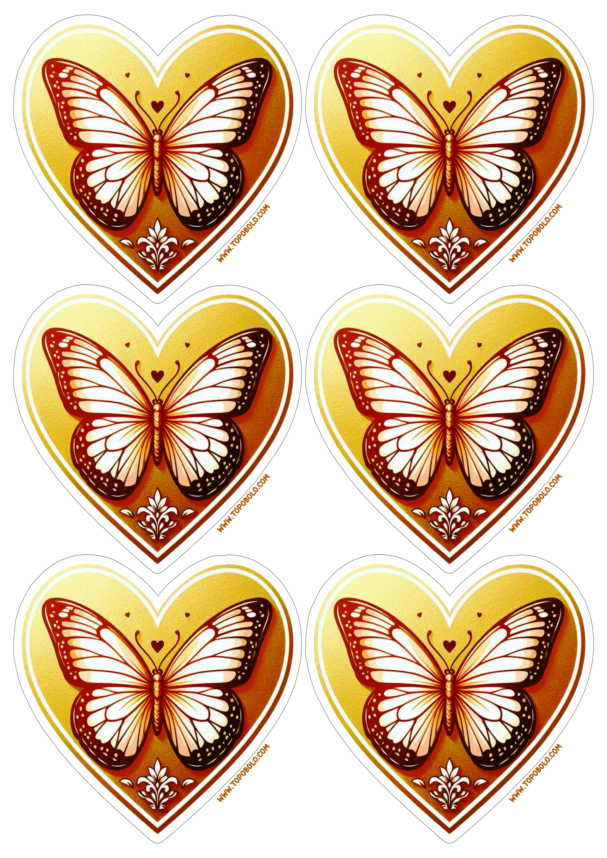 Coração dourado png decoração com borboleta adesivos para imprimir e decorar sua festa de aniversário 6 imagens png