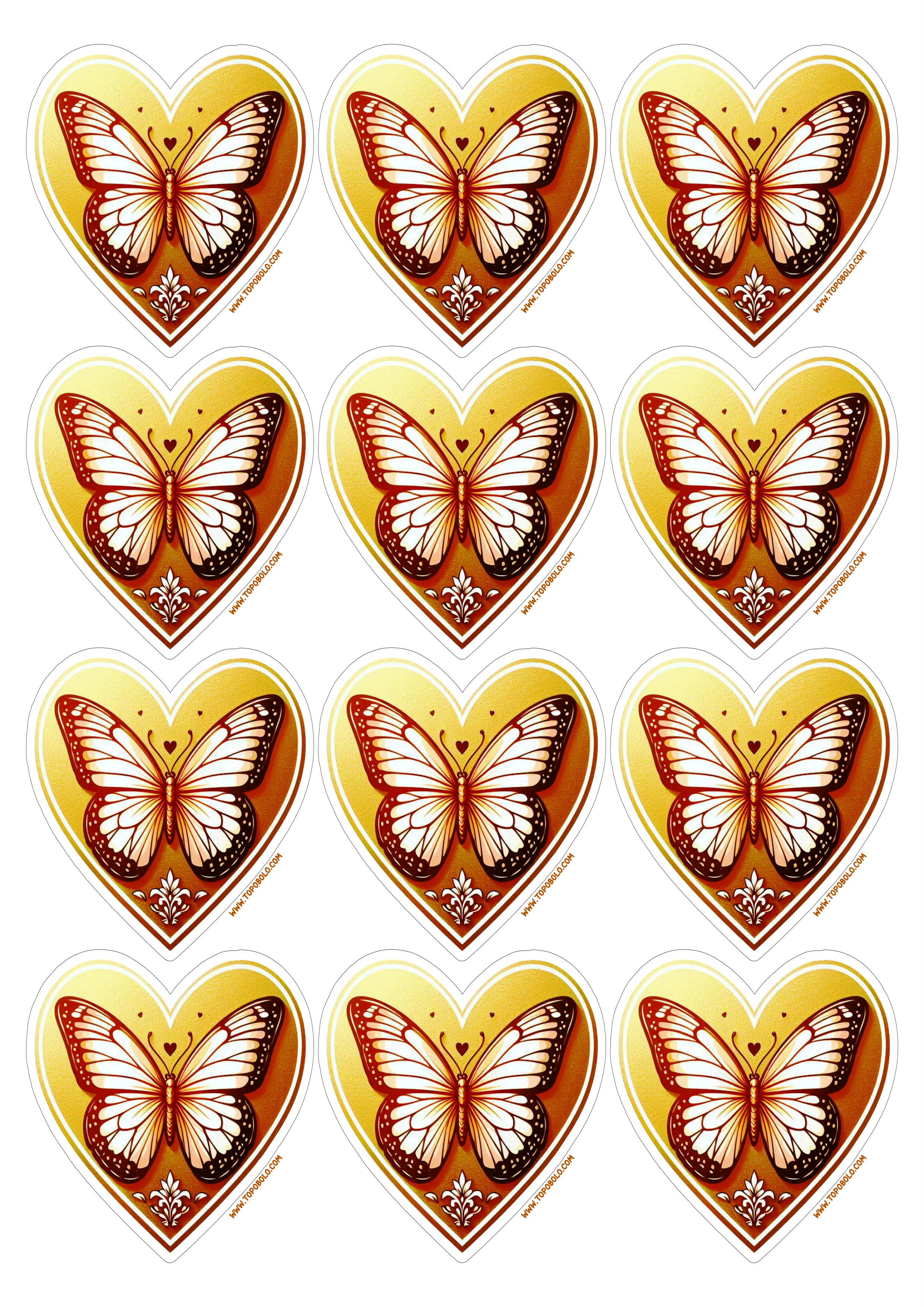 Coração dourado png decoração com borboleta adesivos para imprimir e decorar sua festa de aniversário 12 imagens png