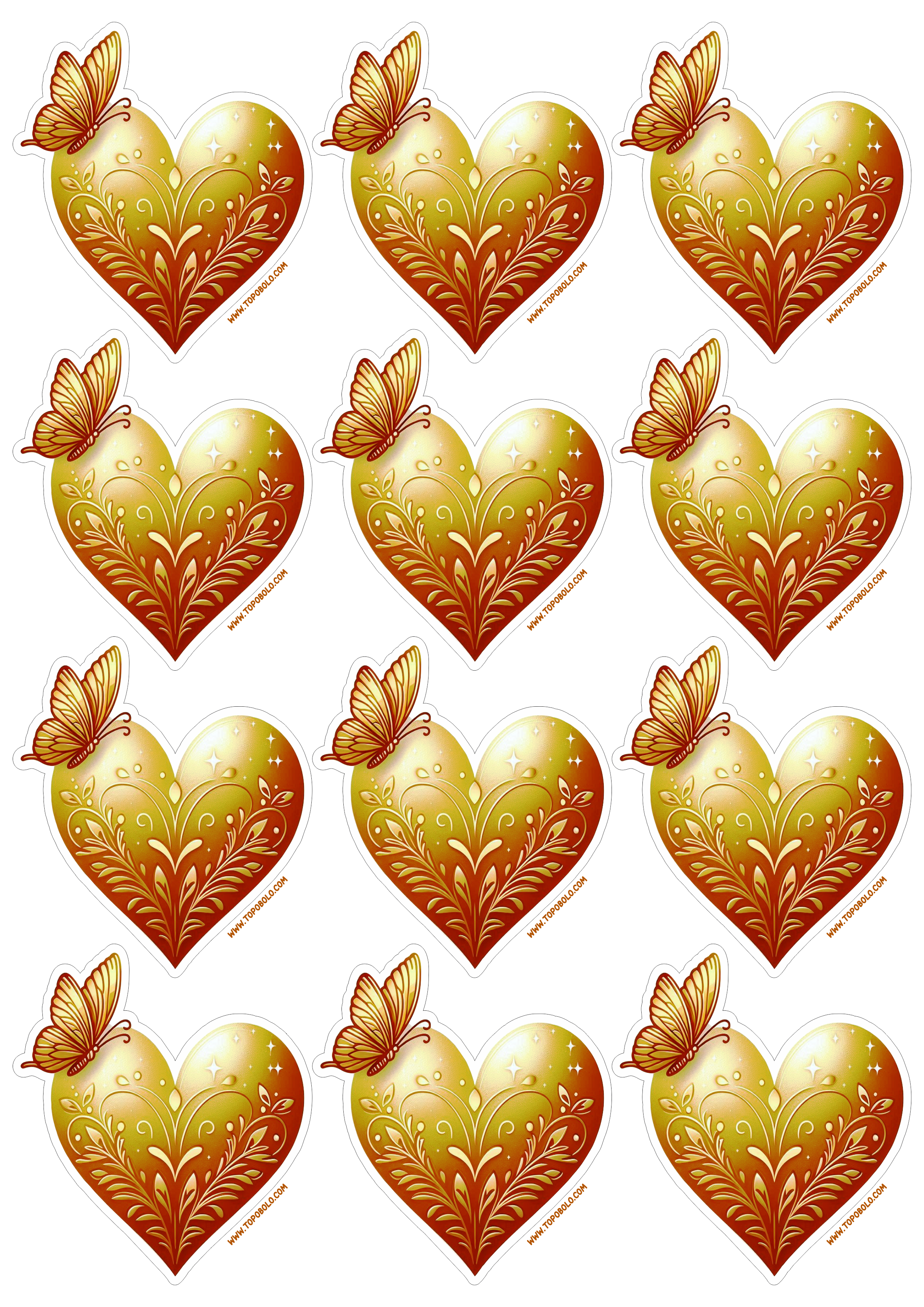 Coração dourado png decoração com borboleta adesivos para imprimir e decorar sua festa de aniversário dourado 12 imagens