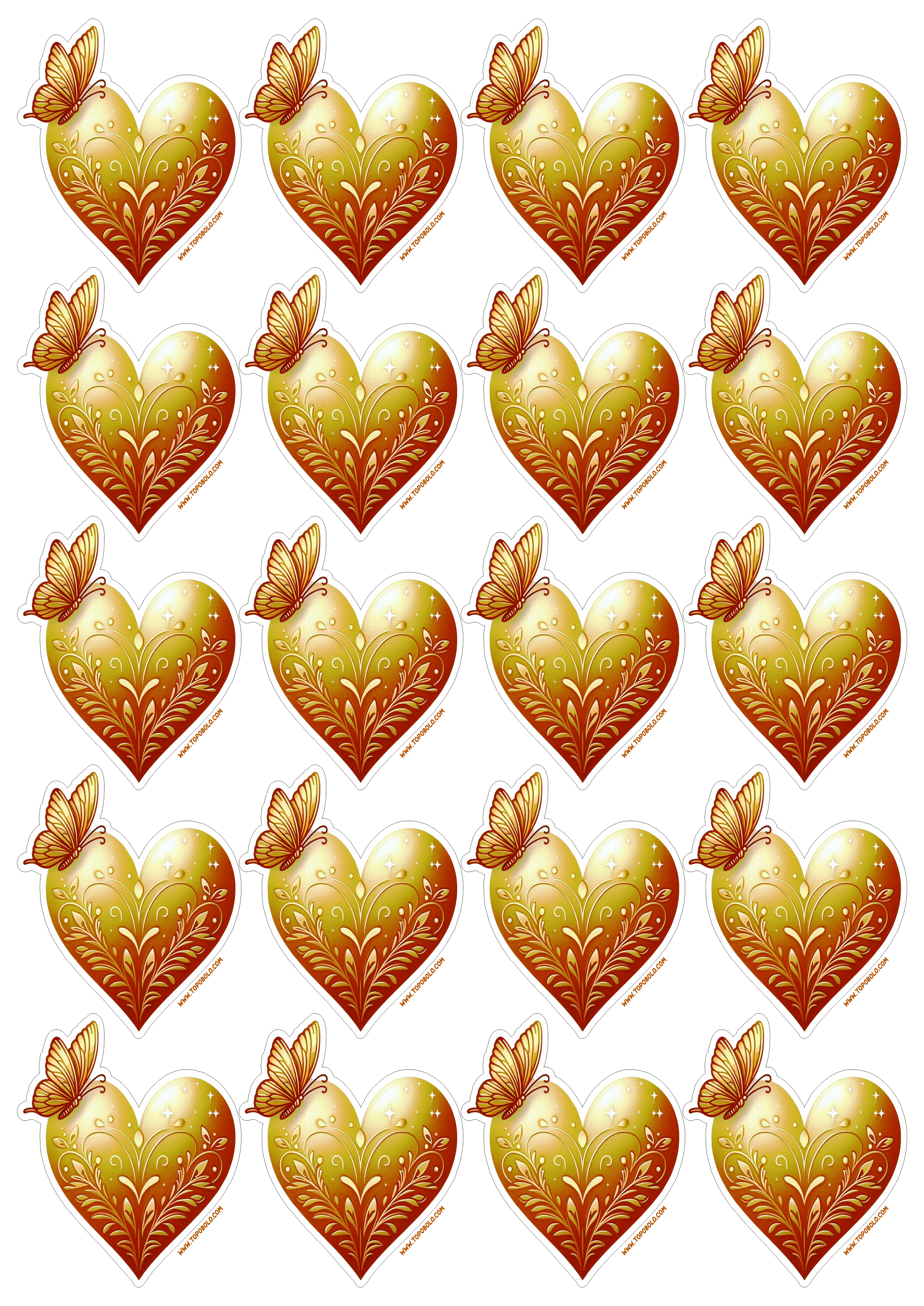 Coração dourado png decoração com borboleta adesivos para imprimir e decorar sua festa de aniversário dourado 20 imagens