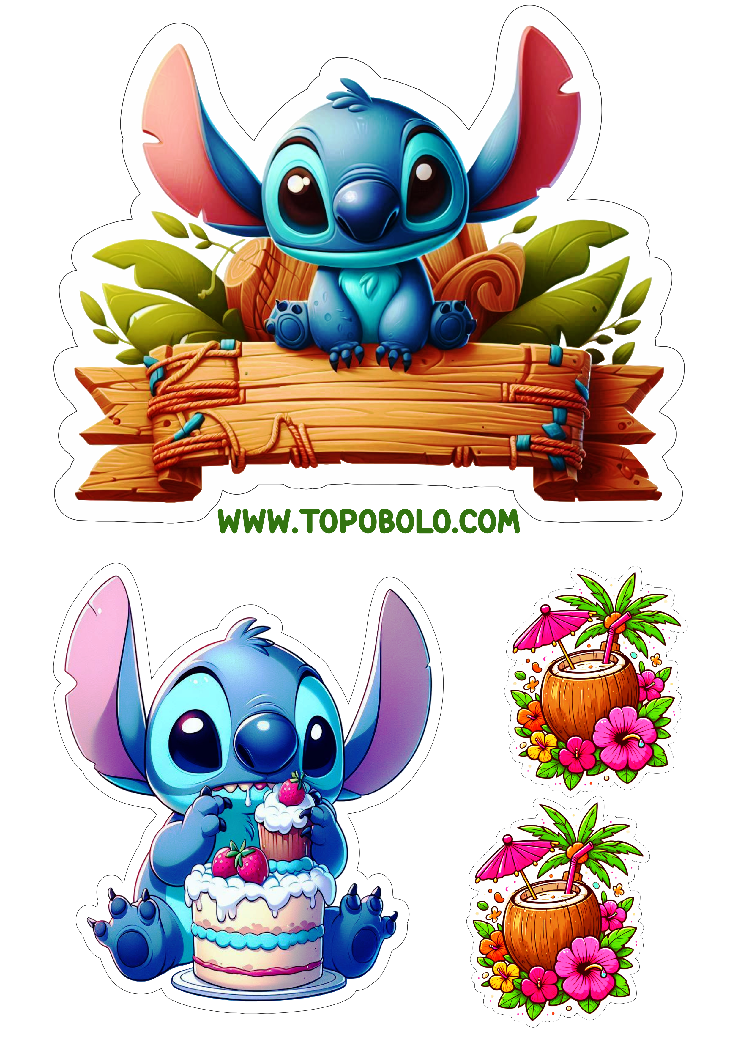 Topo de bolo desenho infantil Stitch fazendo a nossa festa topper cake artigos personalizados cartoon tropical silhouette png