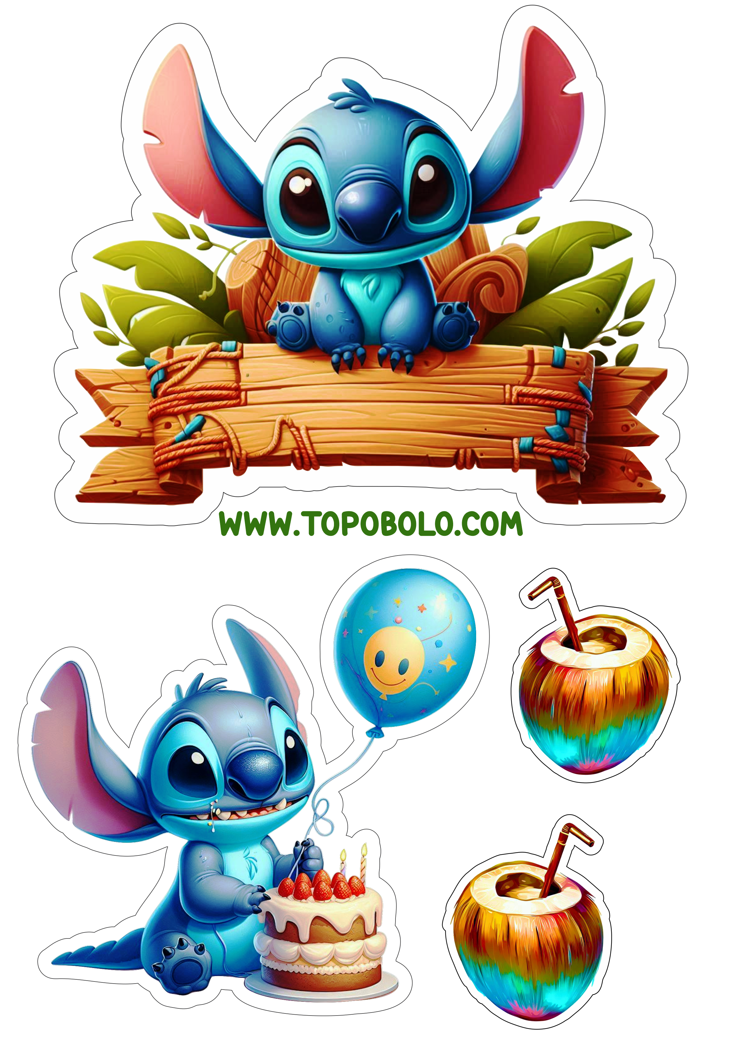 Topo de bolo desenho infantil Stitch fazendo a nossa festa topper cake artigos personalizados cartoon tropical silhouette monstrinho png