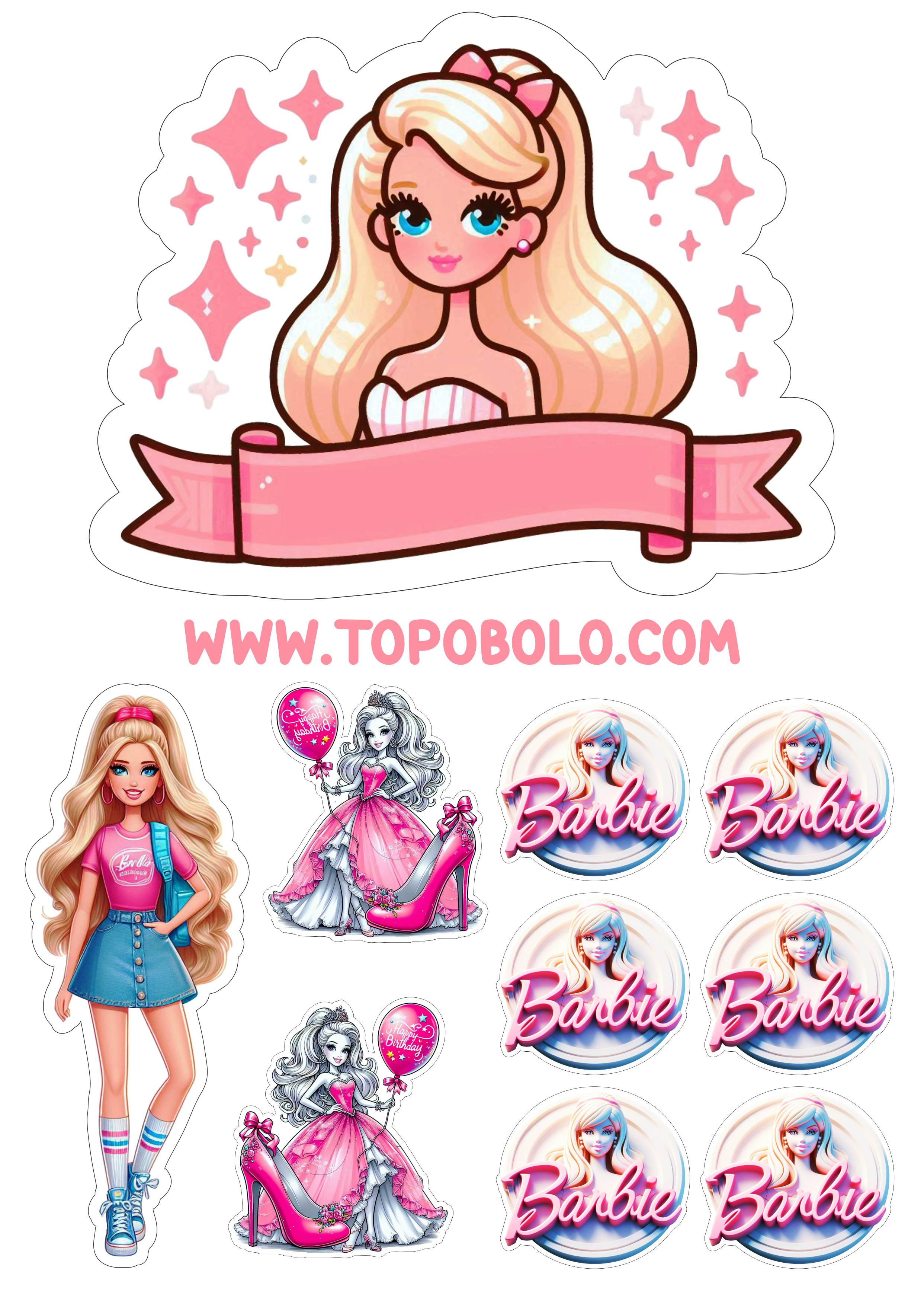 Topo de bolo para imprimir boneca Barbie png hora da festa personalizada aniversário