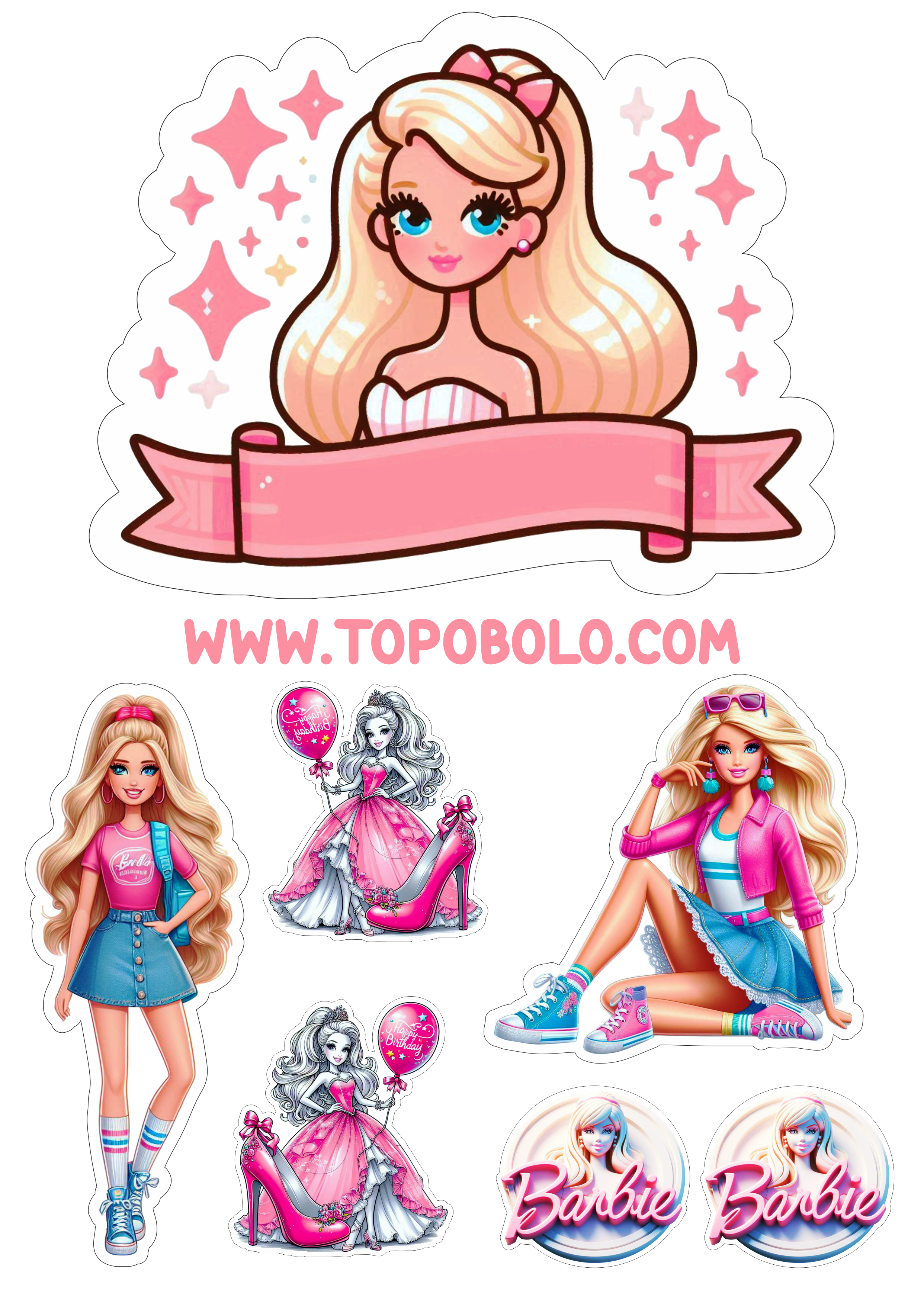 Topo de bolo para imprimir boneca Barbie png hora da festa personalizada aniversário infantil