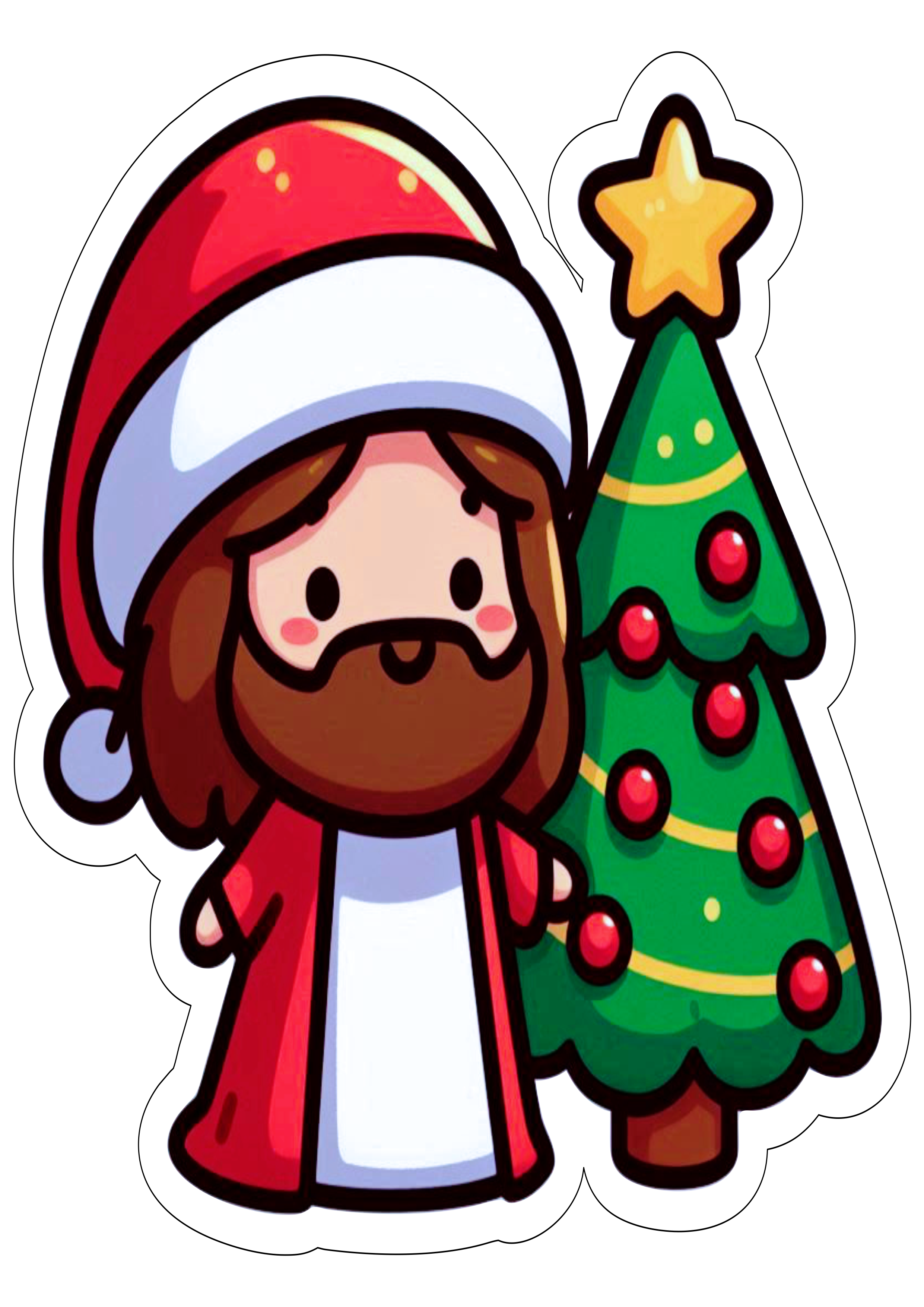 Imagens de natal Jesus Cristo com gorro do papai noel árvore desenho colorido infantil decoração fofinha com contorno png