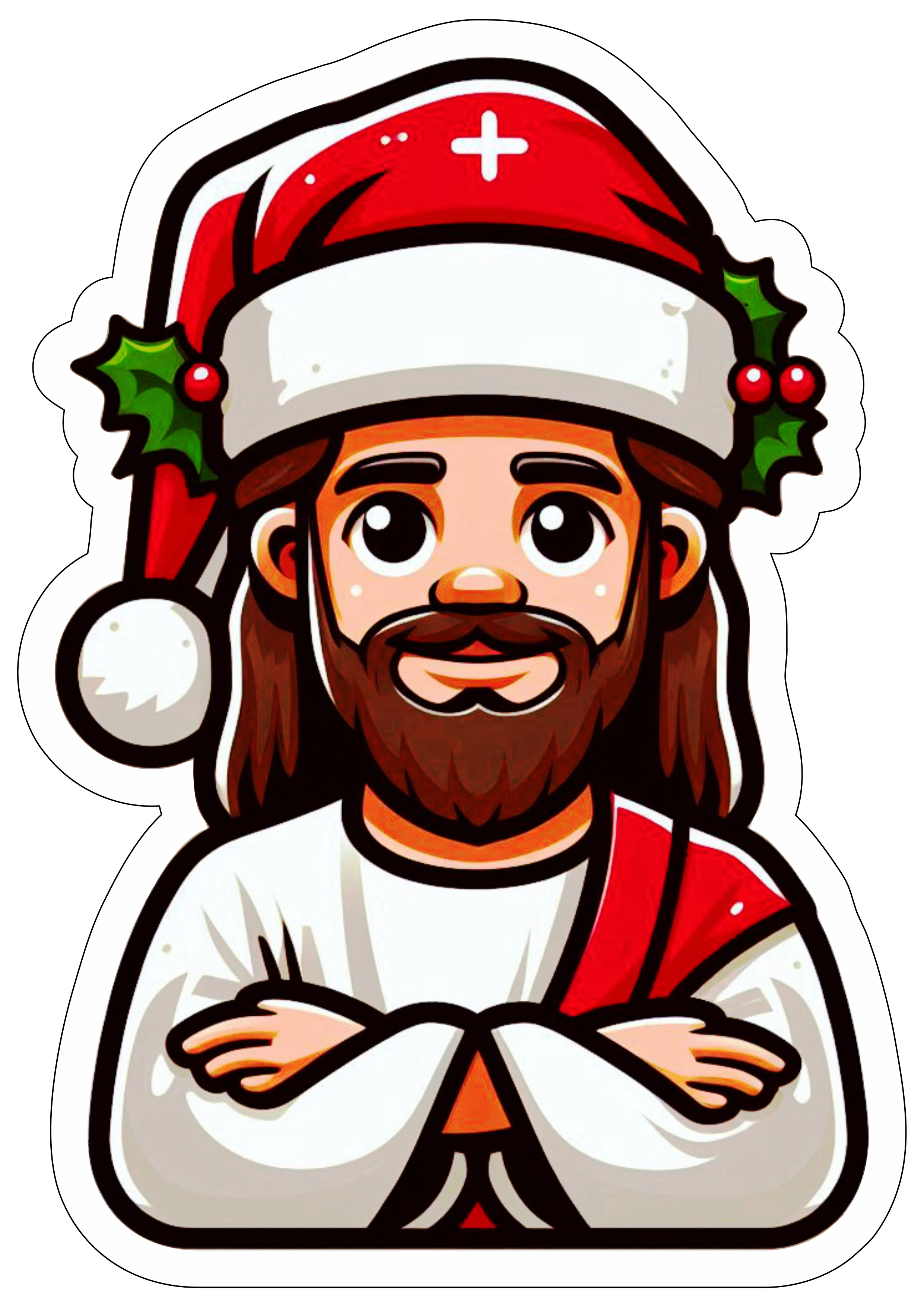 Imagens de natal Jesus Cristo com gorro do papai noel desenho colorido infantil decoração fofinha com contorno free png