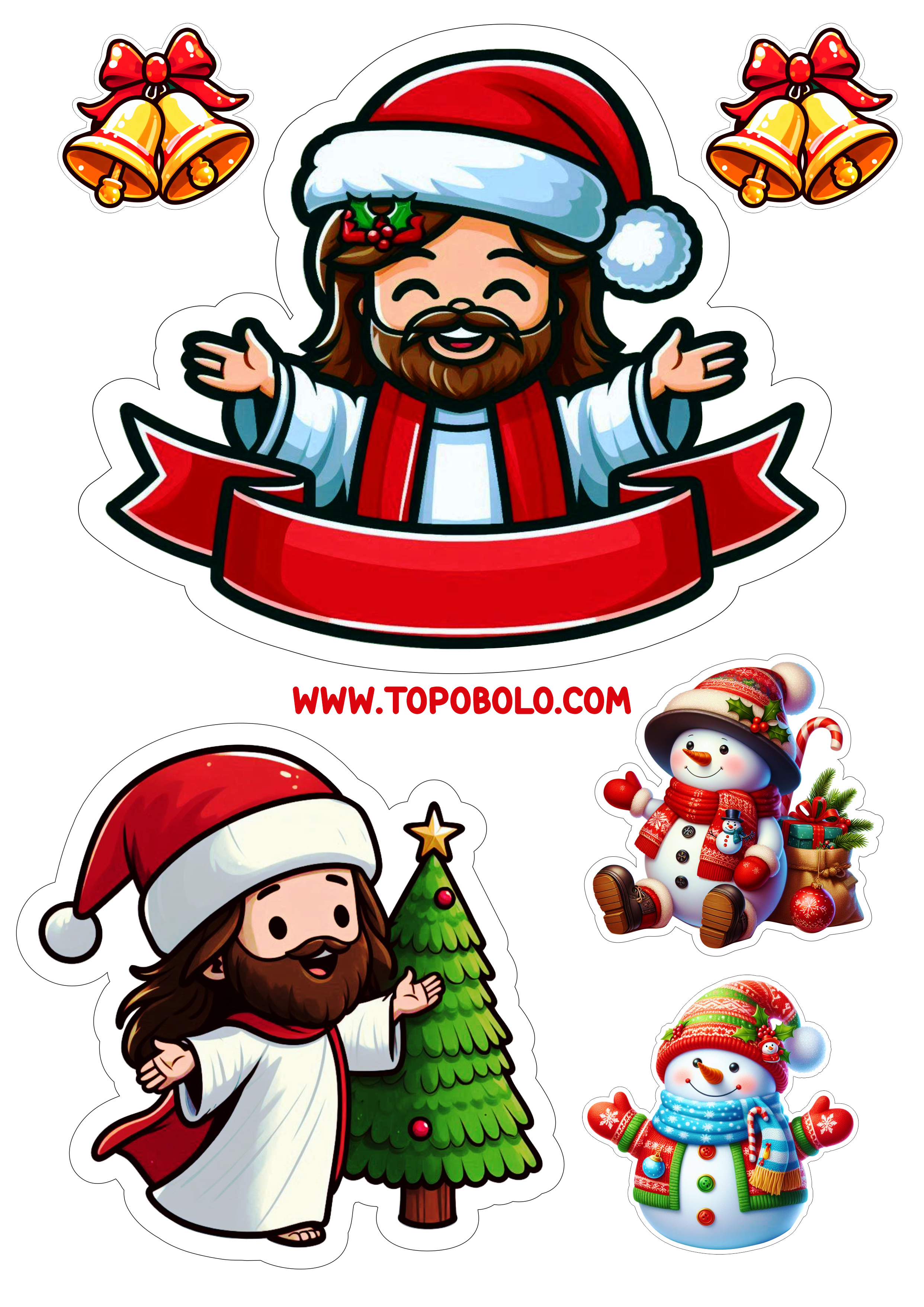 Topo de bolo feliz natal Jesus Cristo decoração de festas gorro do papai noel noite feliz nascimento sinos de Belém topper cake png