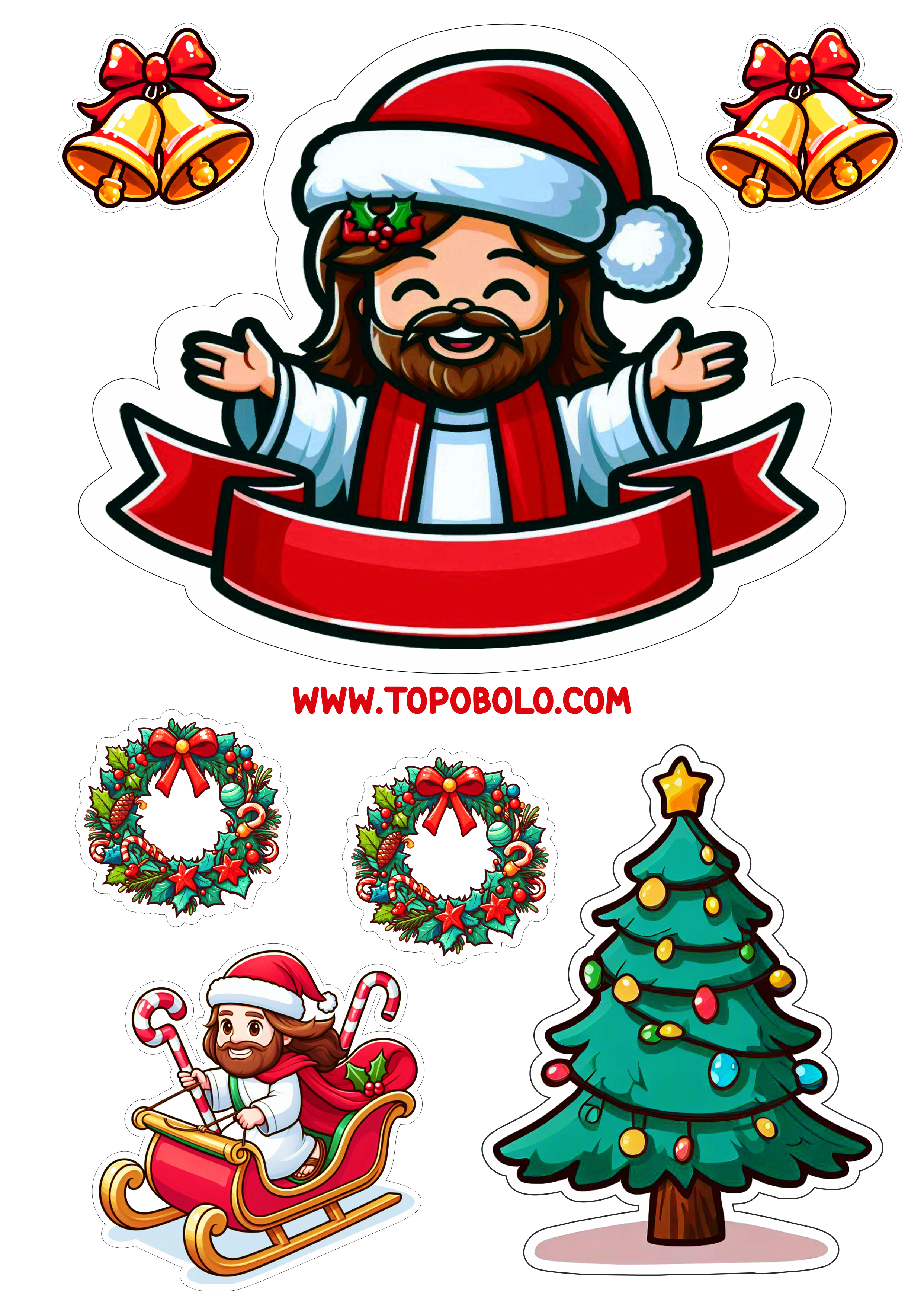 Topo de bolo feliz natal Jesus Cristo decoração de festas gorro do papai noel sinos de Belém topper cake trenó árvore png