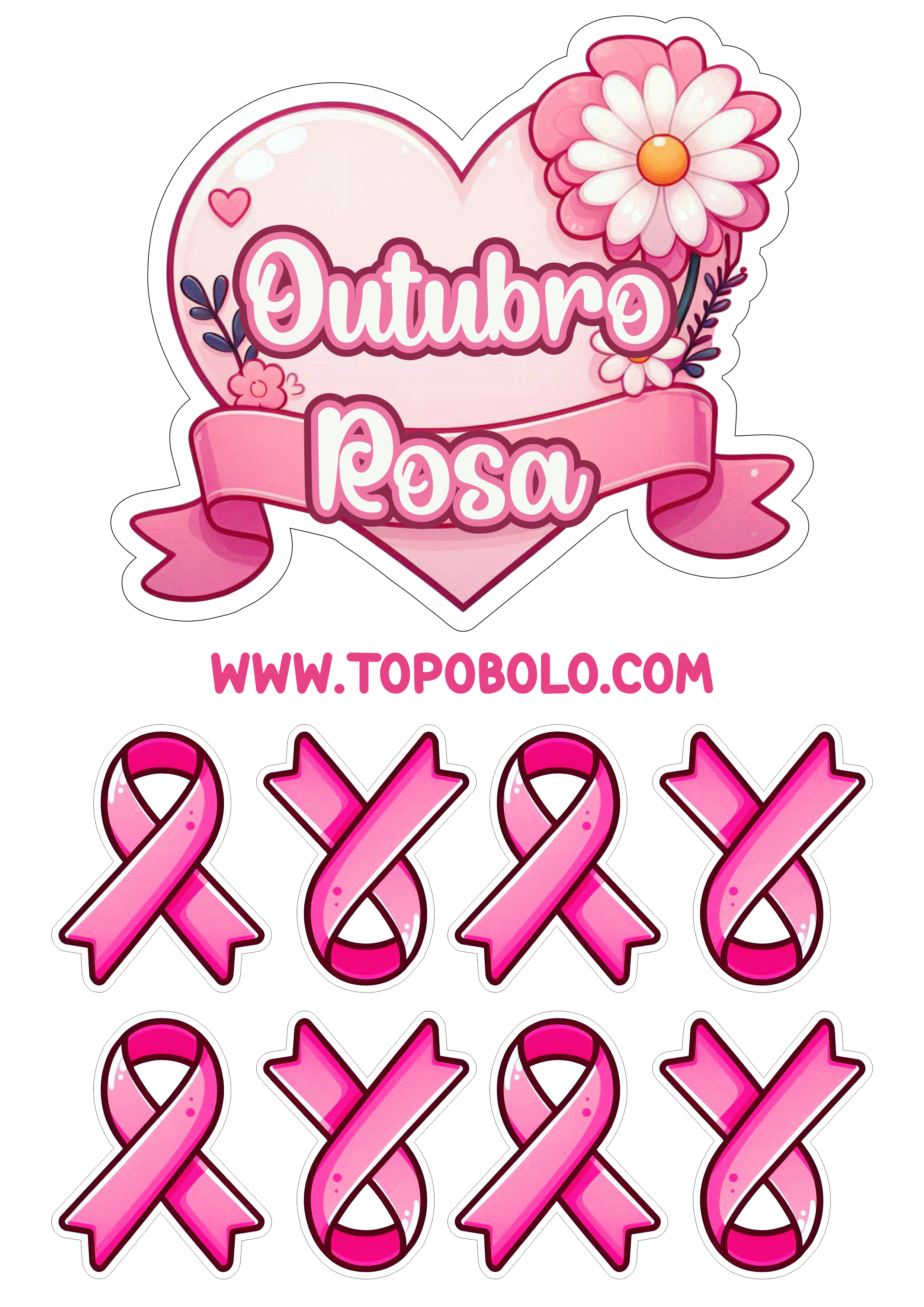 Topo de bolo outubro rosa campanha de conscientização saúde da mulher lacinho rosa png