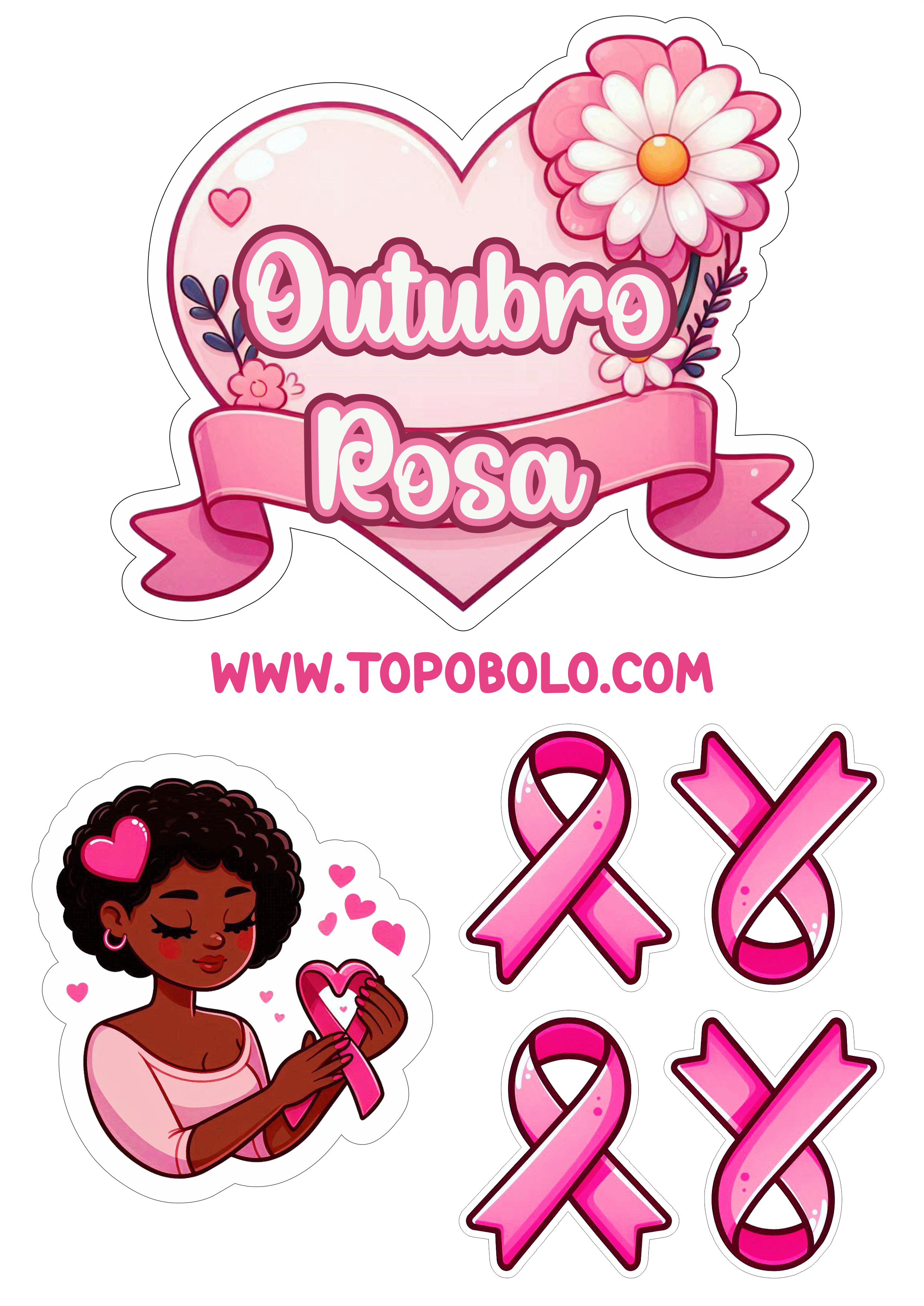 Topo de bolo outubro rosa campanha de conscientização saúde da mulher lacinho rosa decoração para imprimir png