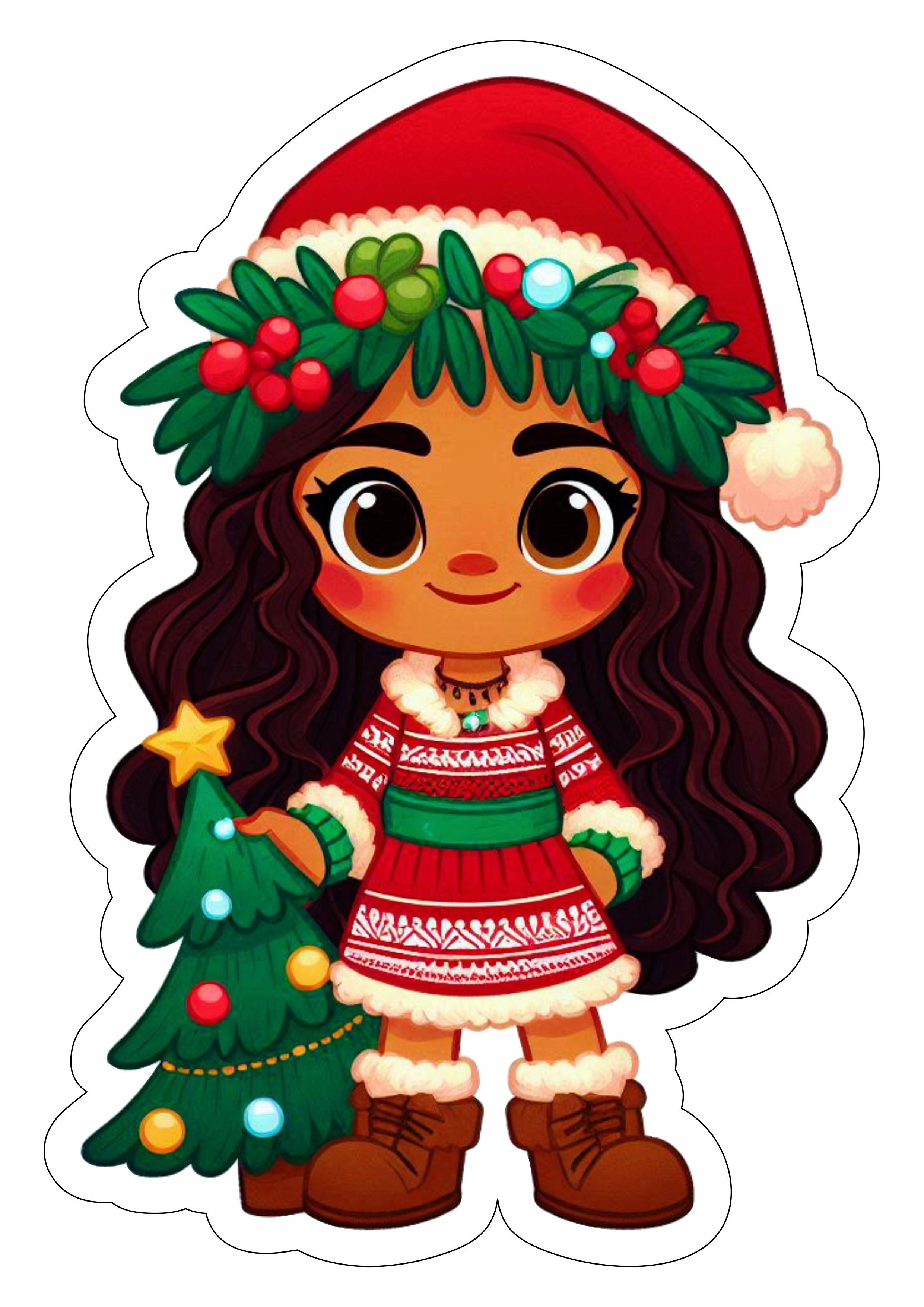 Imagens de natal Moana desenho infantil com contorno para recorte gorro do papai noel fundo transparente ilustração png