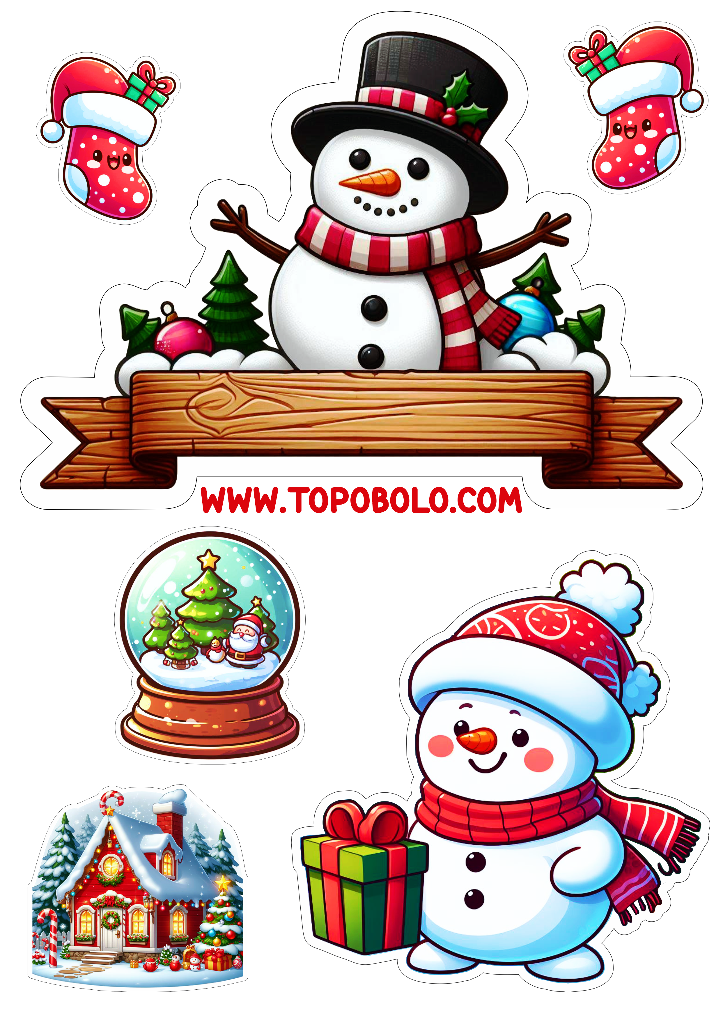 Decoração de natal topo de bolo boneco de neve papelaria png