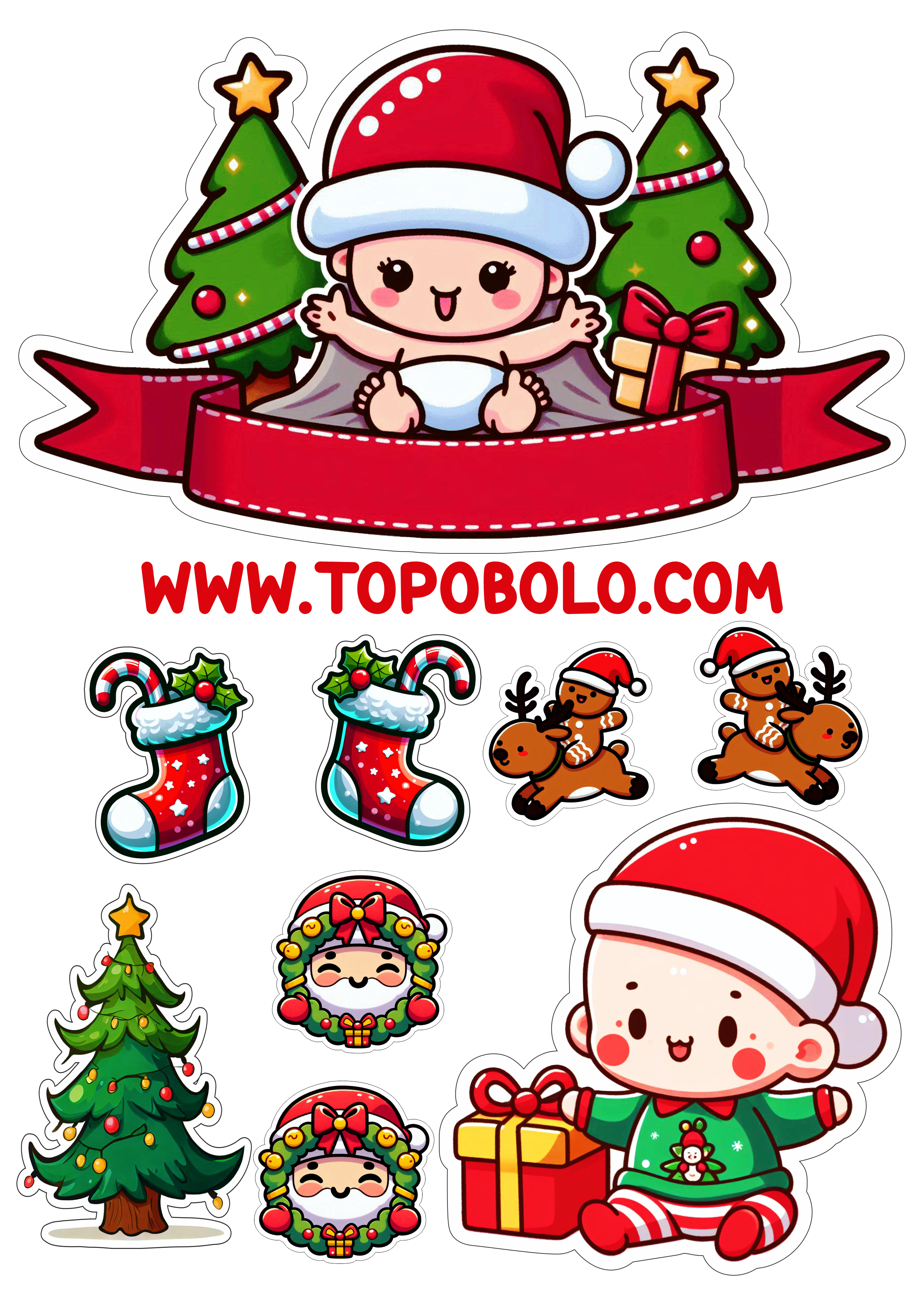 Topper cake baby topo de bolo decoração de natal pronto para imprimir papelaria criativa bebezinho árvore recorte biscoito png