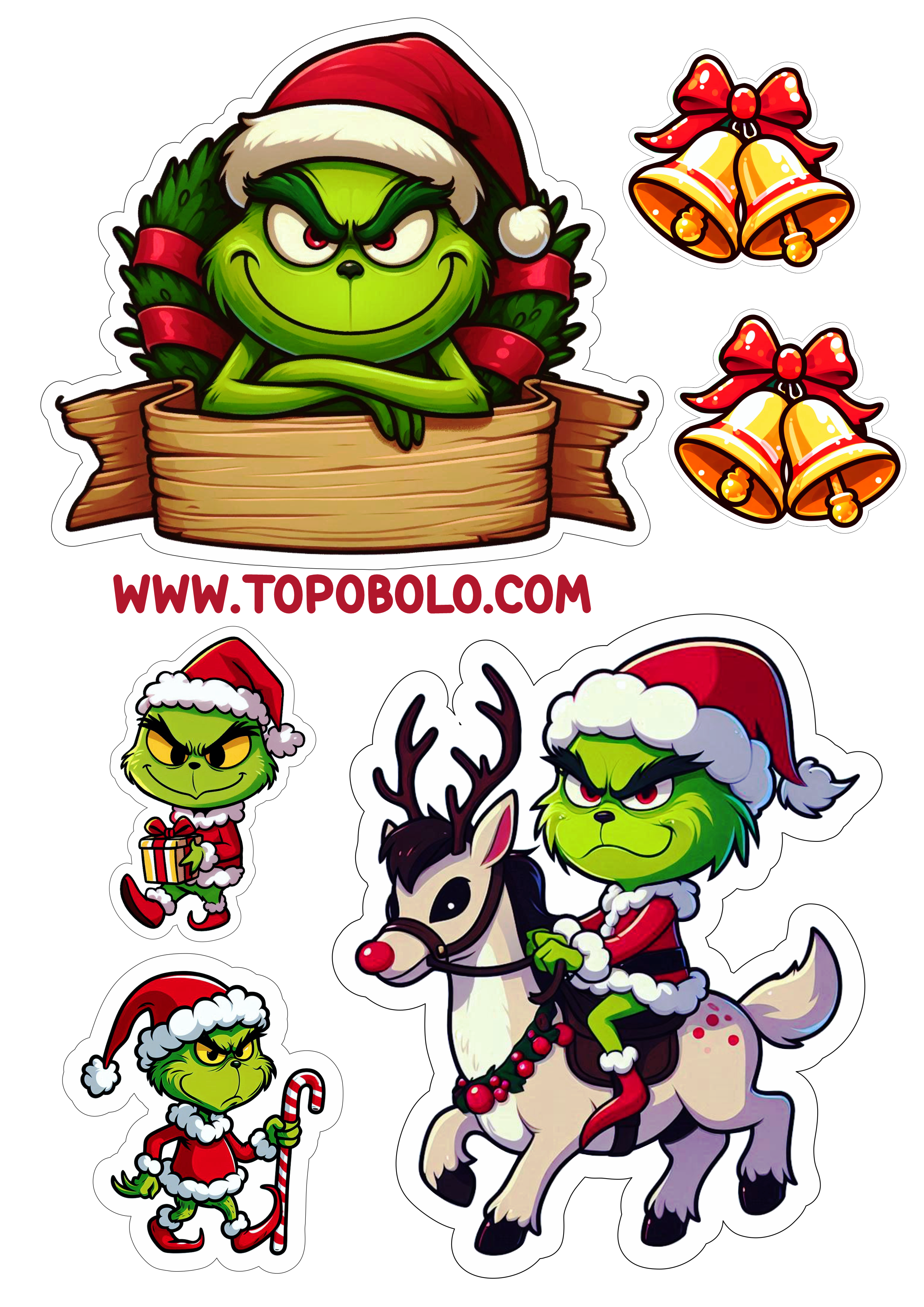 Topo de bolo de natal topper cake Grinch com roupa de papai noel sinos decoração pronta para imprimir grátis png