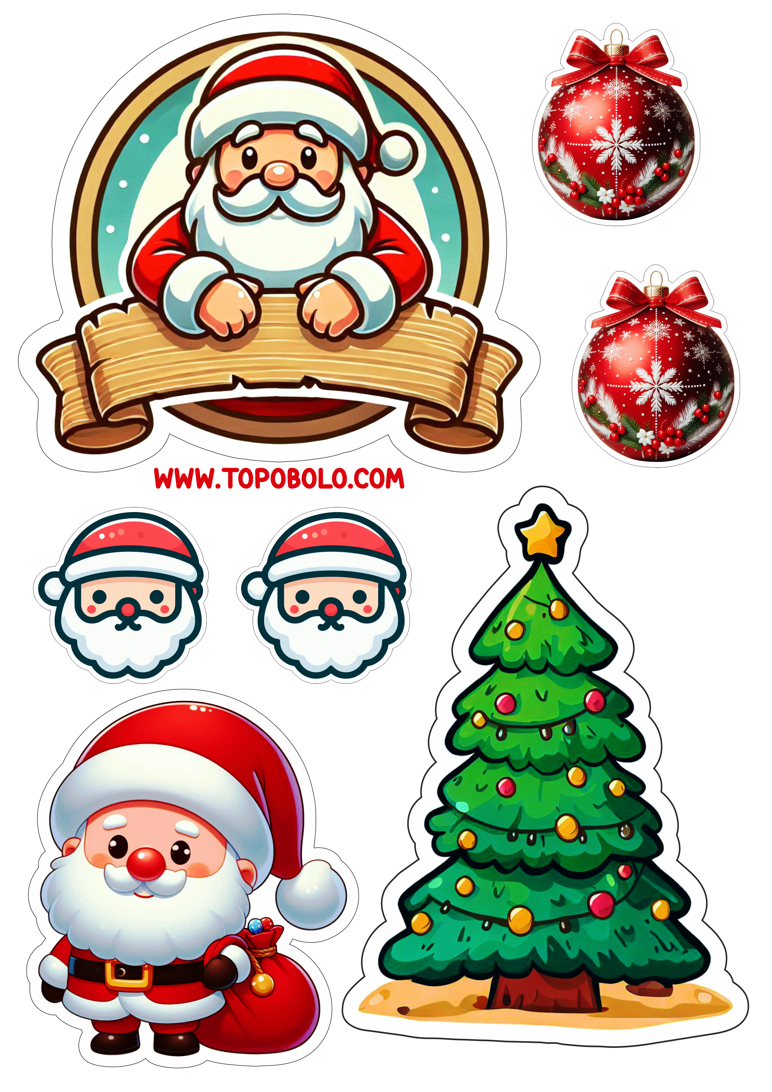 Topo de bolo de natal papai noel fofinho decoração de festas pronto para imprimir e decorar árvore png