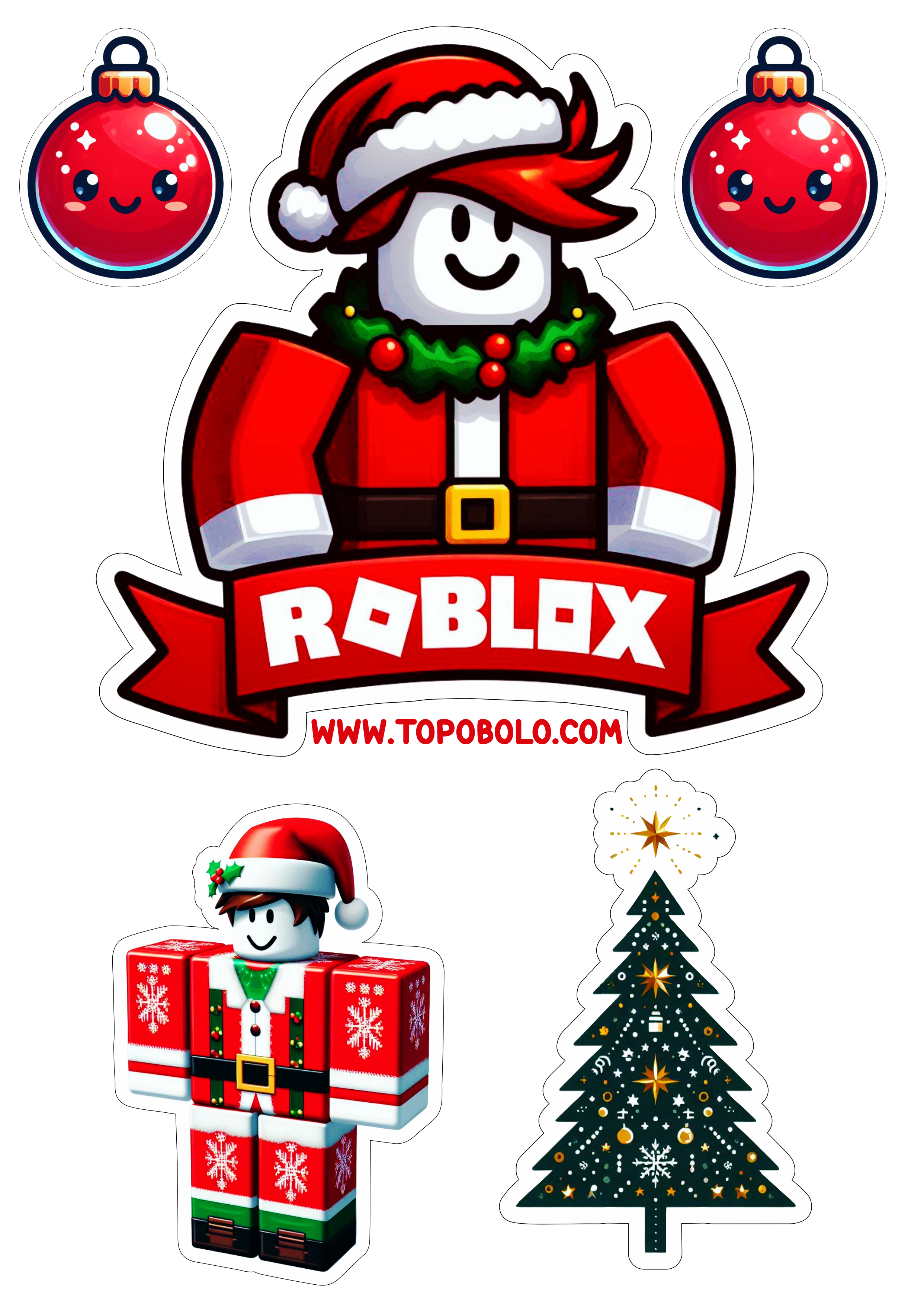 Roblox topo de bolo de aniversário com tema de natal decoração para festa infantil bolinhas papai noel árvore png