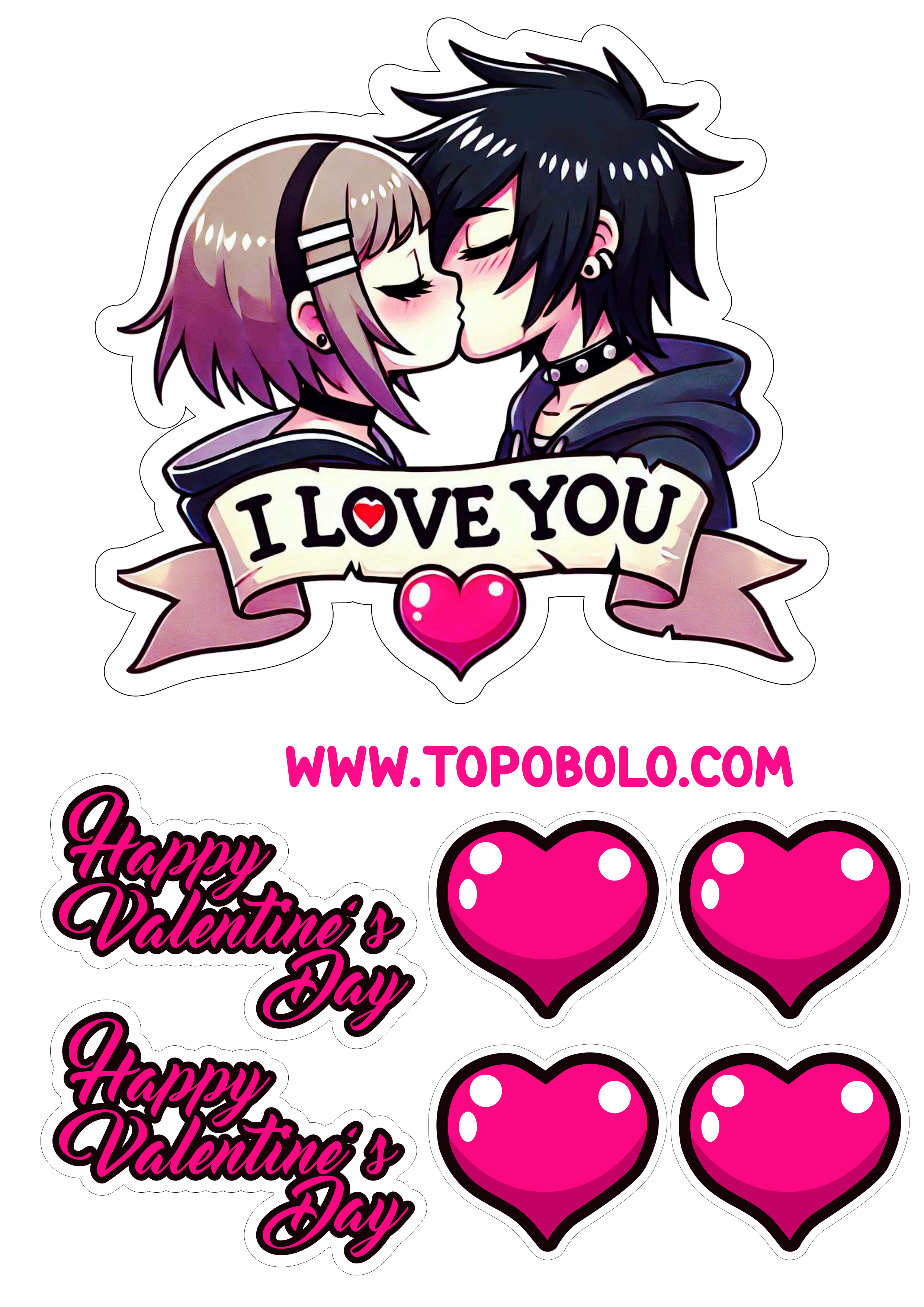 Happy Valentines Day cake topper decor i love you cute couple free drawing with hearts png