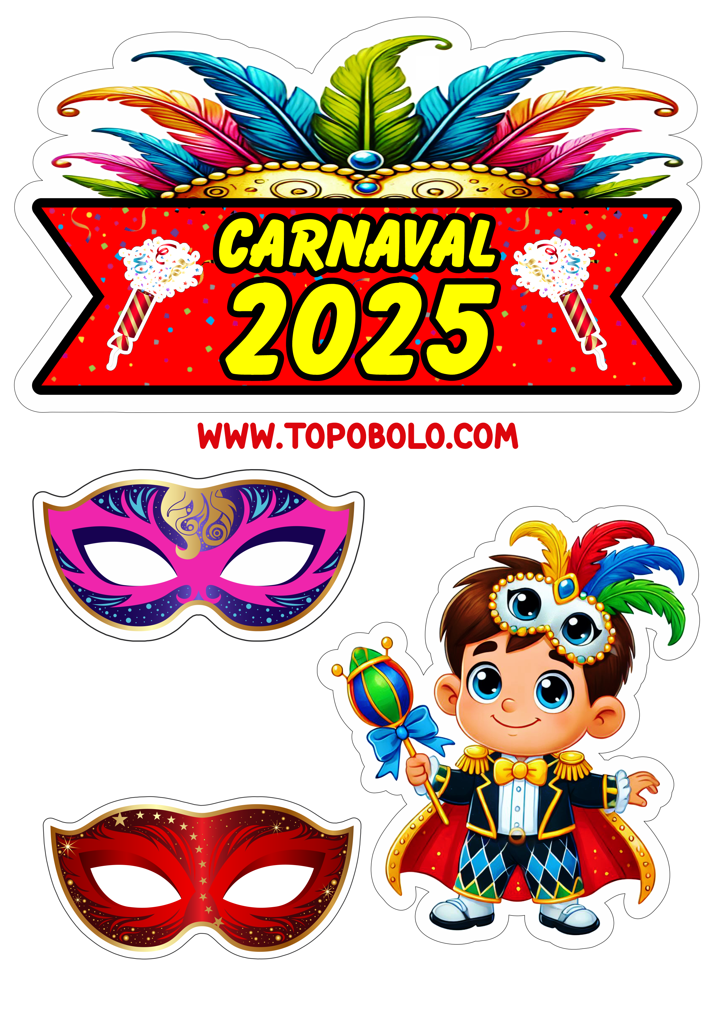 Topo de bolo aniversário temático carnaval 2025 pronto para imprimir festa infantil máscaras png