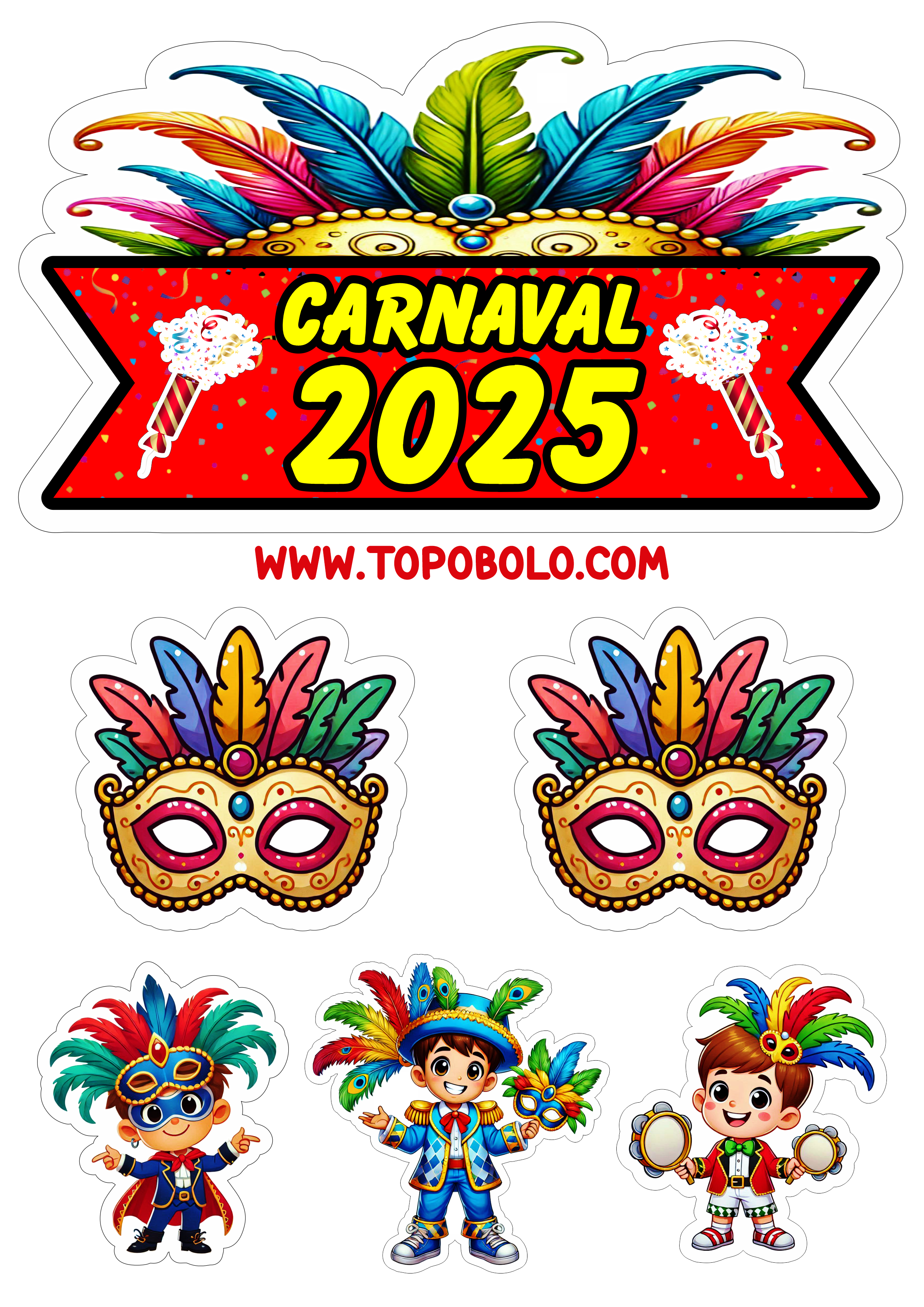 Topo de bolo aniversário temático carnaval 2025 pronto para imprimir festa infantil baile de máscaras free png